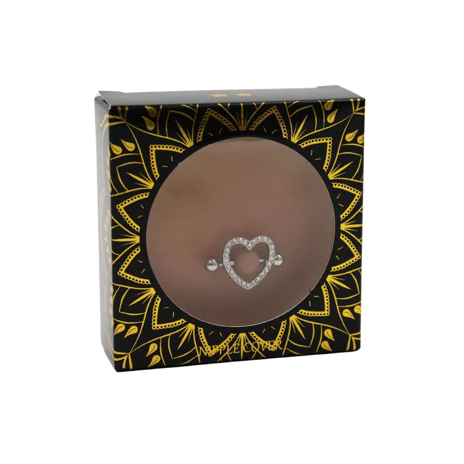 Cache-tétons silicone peau métissée avec piercing cœur diamanté, emballage noir et doré élégant.