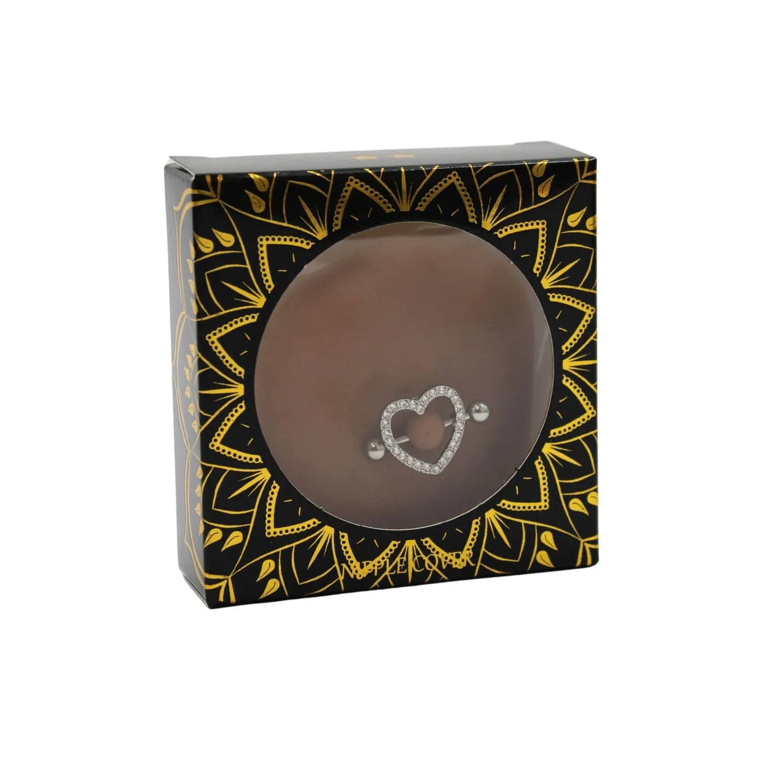 Cache-tétons silicone noir avec piercing cœur diamanté, élégant et discret, pour peaux foncées, dans un coffret design.