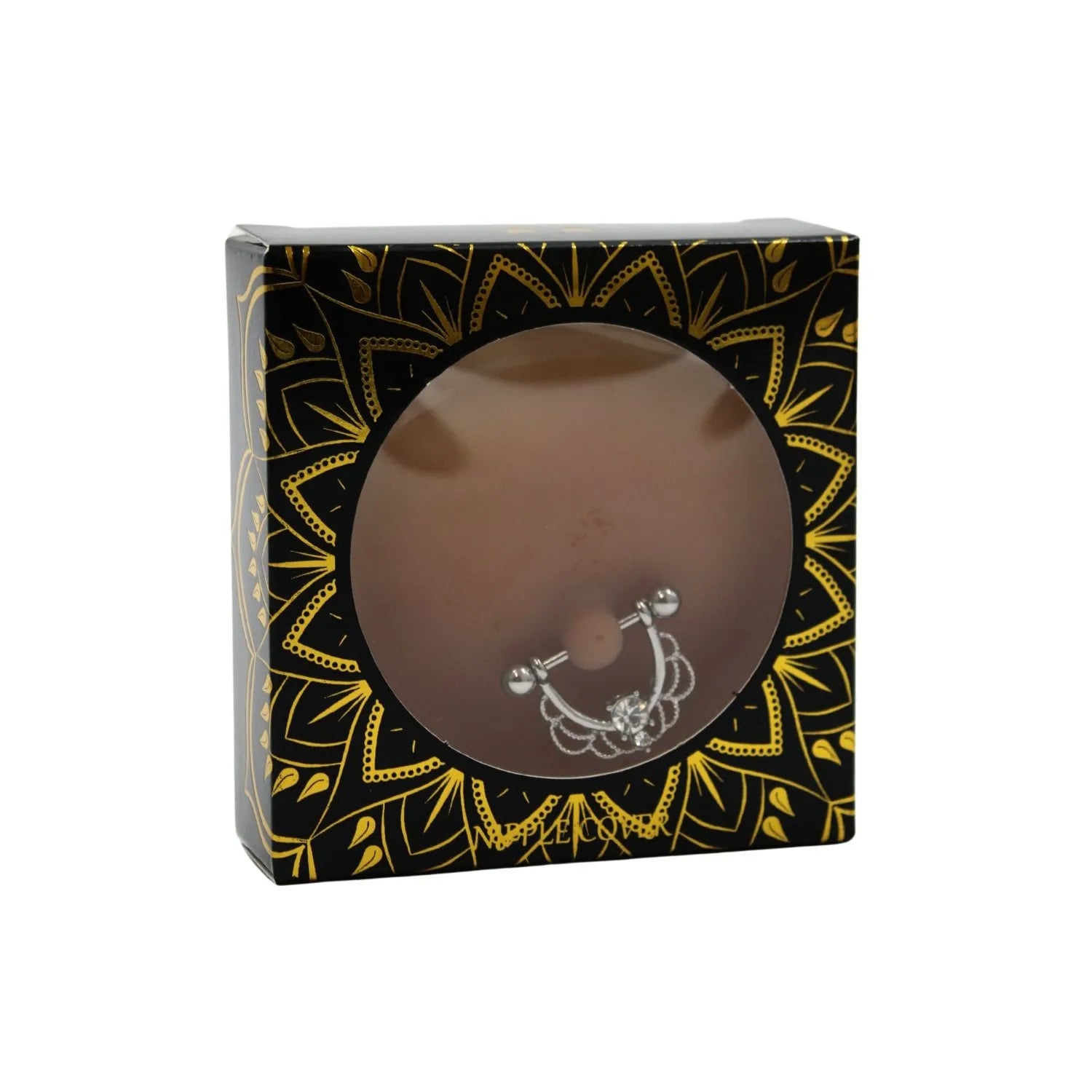 Cache-tétons adhésif silicone chair foncé avec demi-anneau faux diamant, élégant et discret, dans un emballage noir et or.