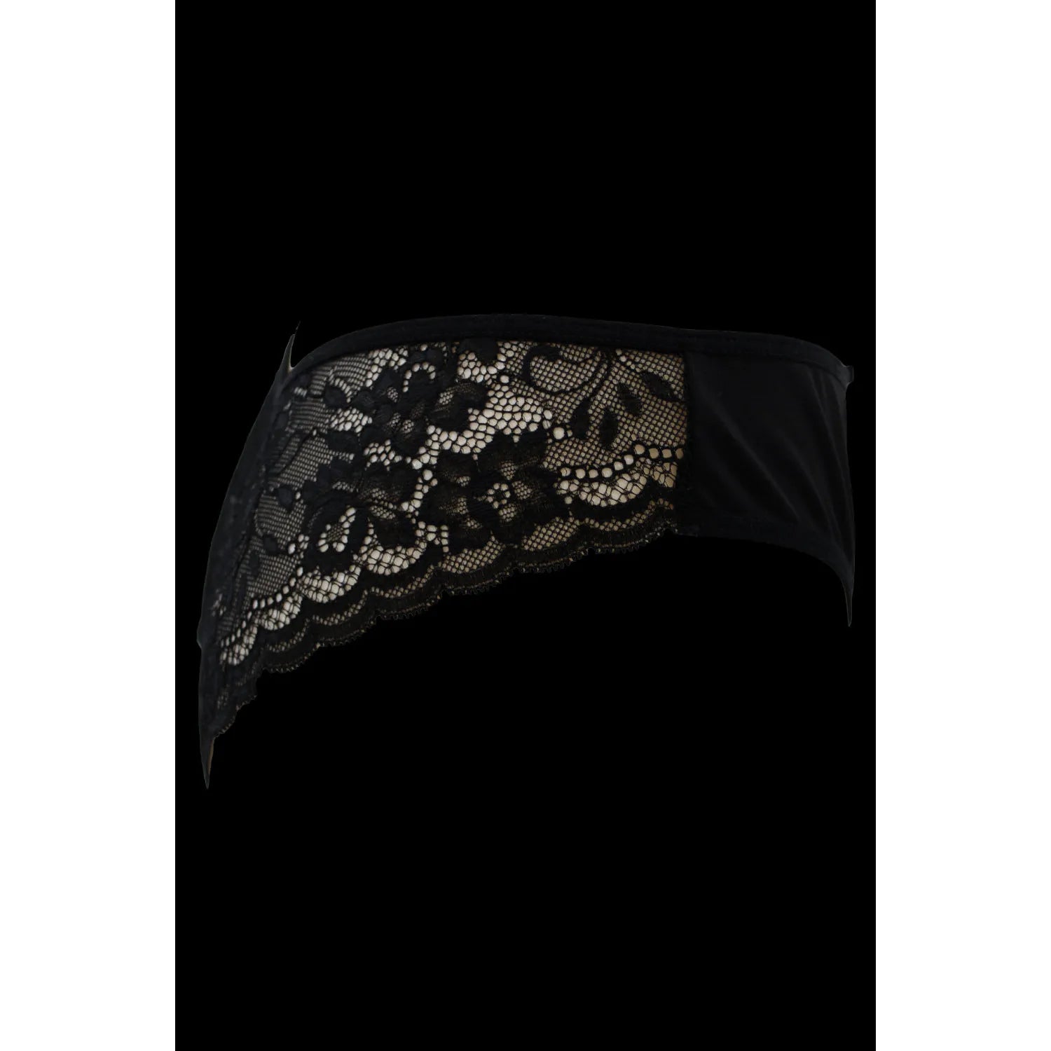 Culotte dentelle noire élégante avec nœud satin, avant opaque doux, arrière floral transparent, tailles S-XL.