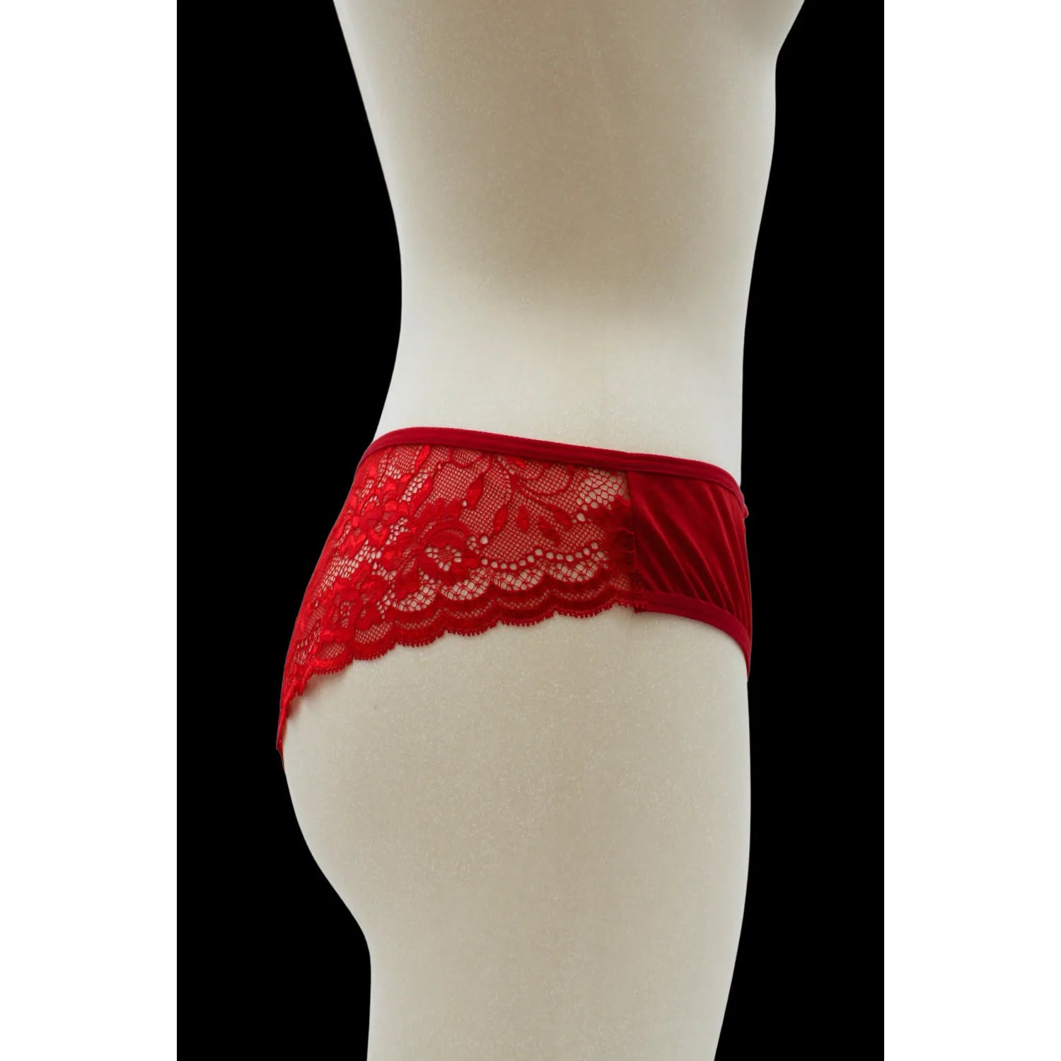Culotte rouge en dentelle florale satinée, nœud en satin, devant opaque, dos transparent, coupe échancrée, élégante.