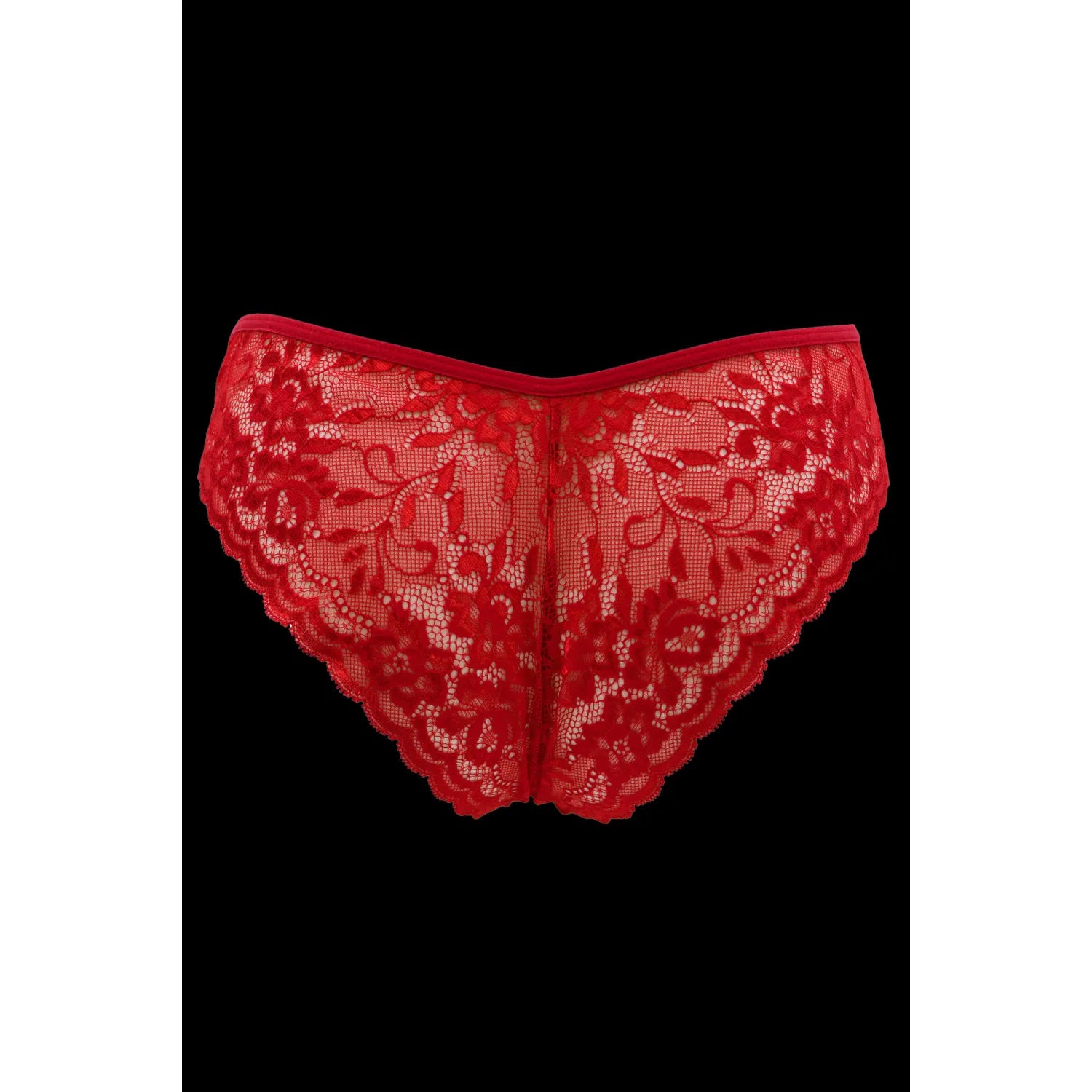 Culotte rouge dentelle florale satinée, nœud satin, devant opaque, dos transparent, coupe échancrée, élégante et féminine.
