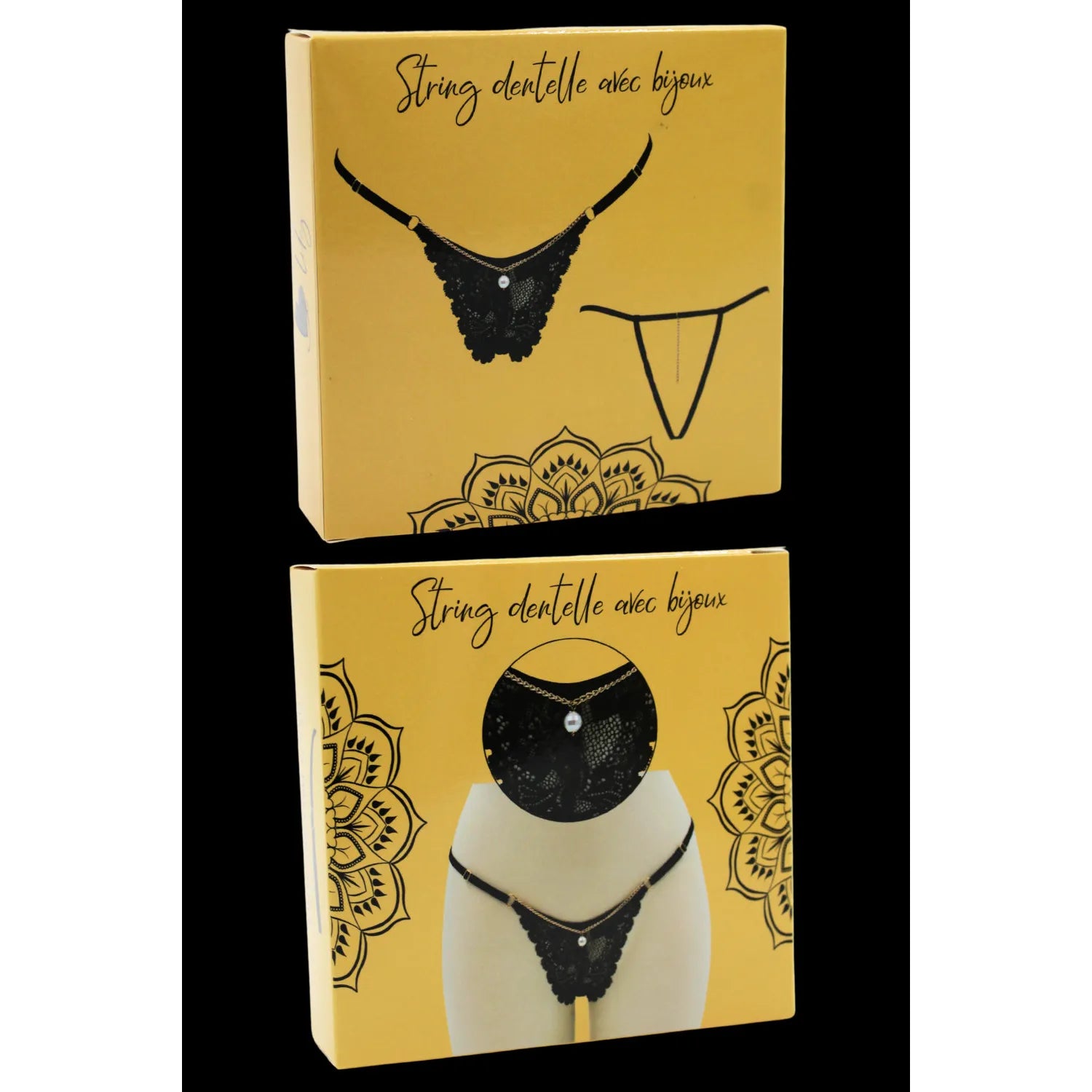 String noir dentelle florale chaîne dorée bijou sexy taille unique ajustable