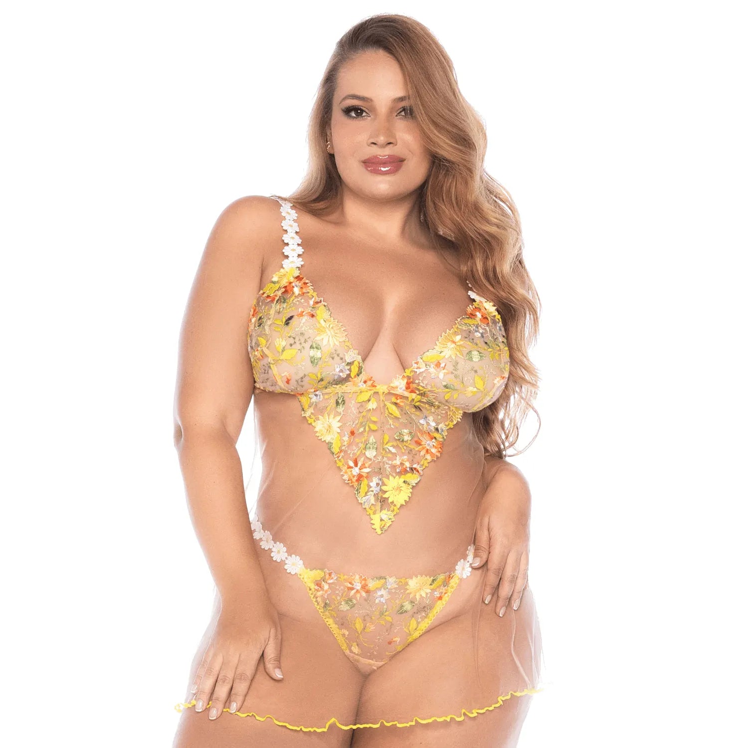 nuisette grande taille tulle brodé fleurs marguerites romantique bohème string assorti jaune bretelles ajustables aérienne fluide confortable féminine