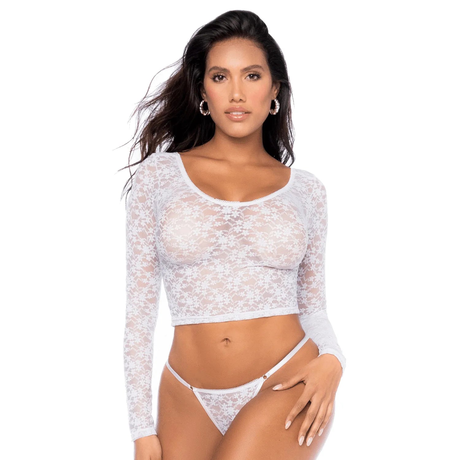 ensemble lingerie dentelle blanche florale haut court manches longues string assorti transparent sensuel élégant extensible confortable maintien