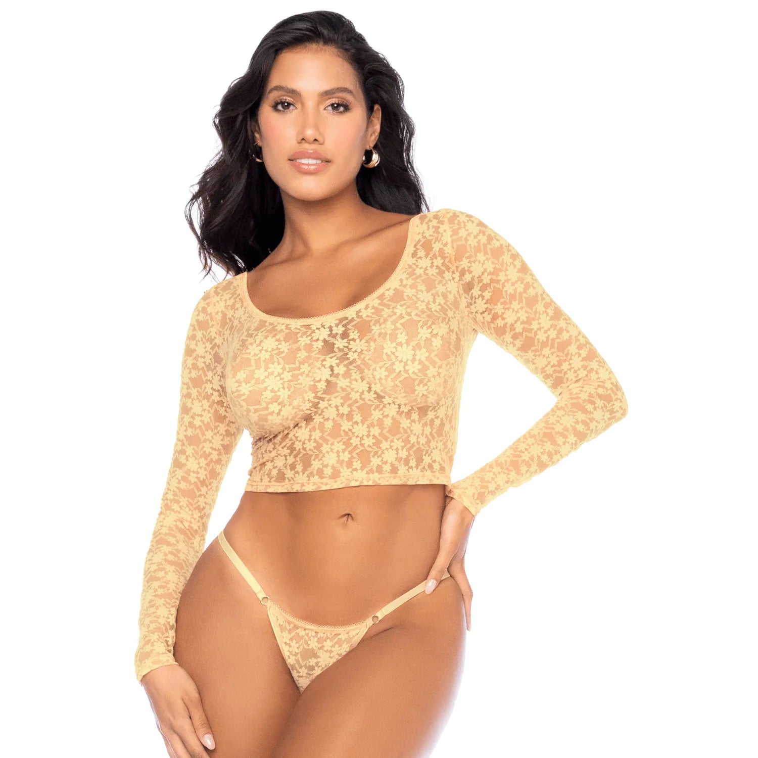 ensemble dentelle jaune pastel florale haut court manches longues string sensuel délicate extensible transparent léger élégant raffiné polyvalent confortable