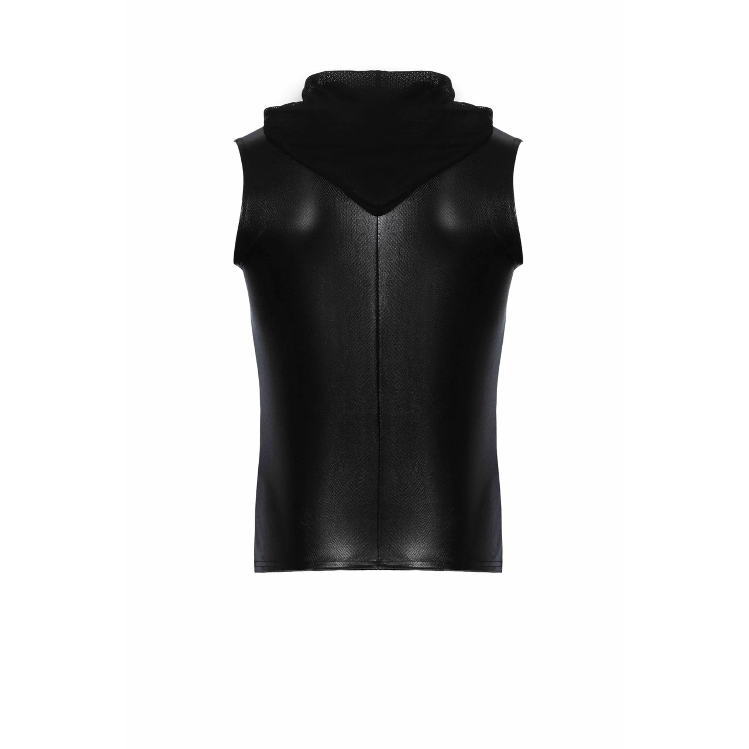 haut sans manches homme effet serpent capuche transparente enduit brillant fermeture eclair moulant extensible polyester elasthanne noir audacieux