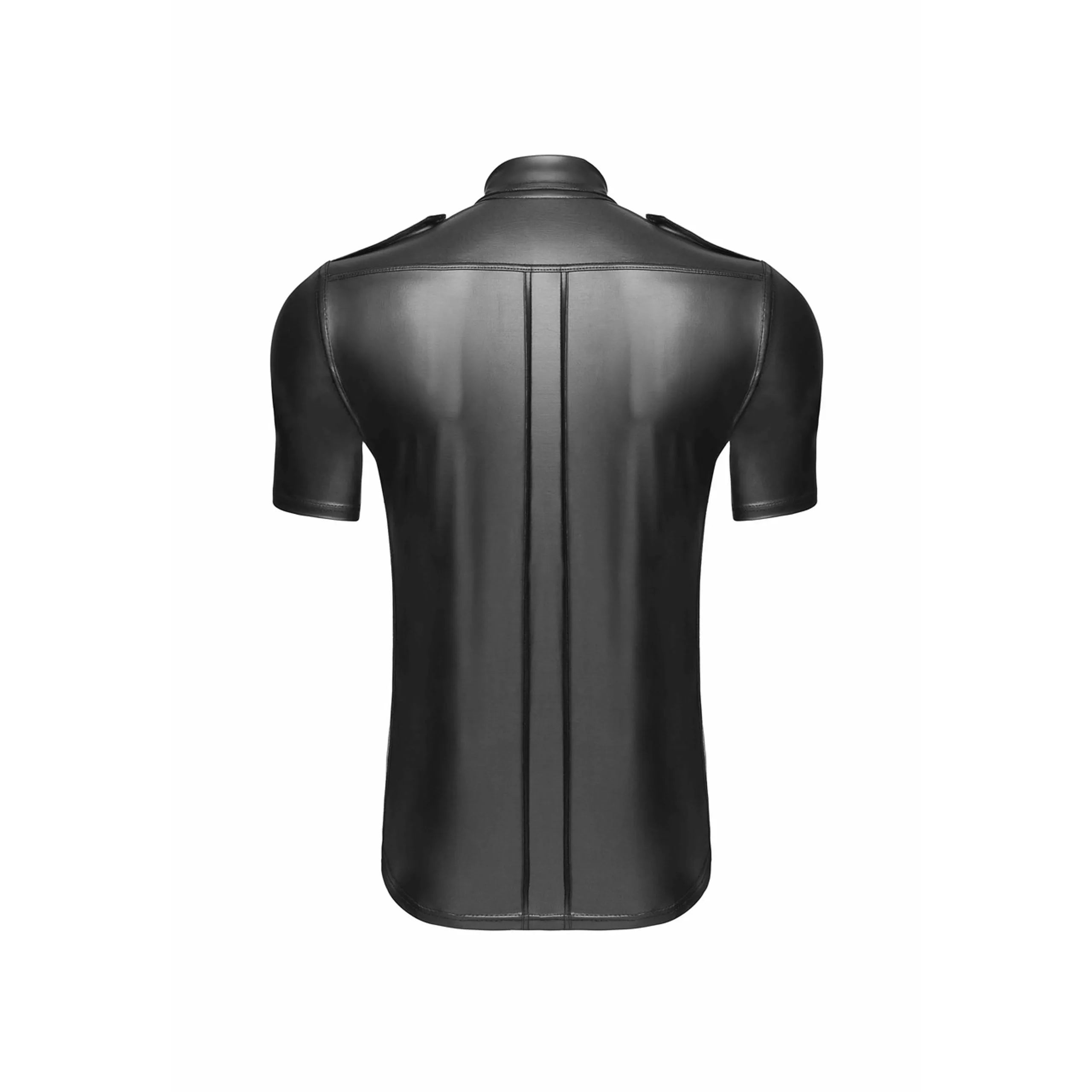 Chemise homme noire effet mouillé, coupe cintrée, manches courtes, poches poitrine, boutons noirs, style élégant.