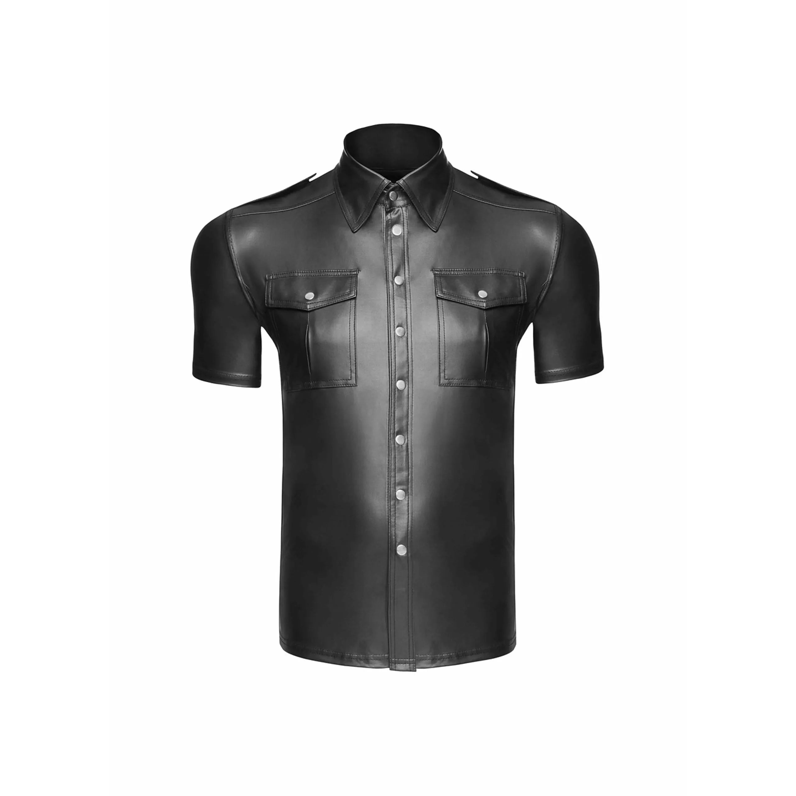 Chemise homme noire effet mouillé, coupe cintrée, poches poitrine, boutons noirs, look élégant et audacieux.