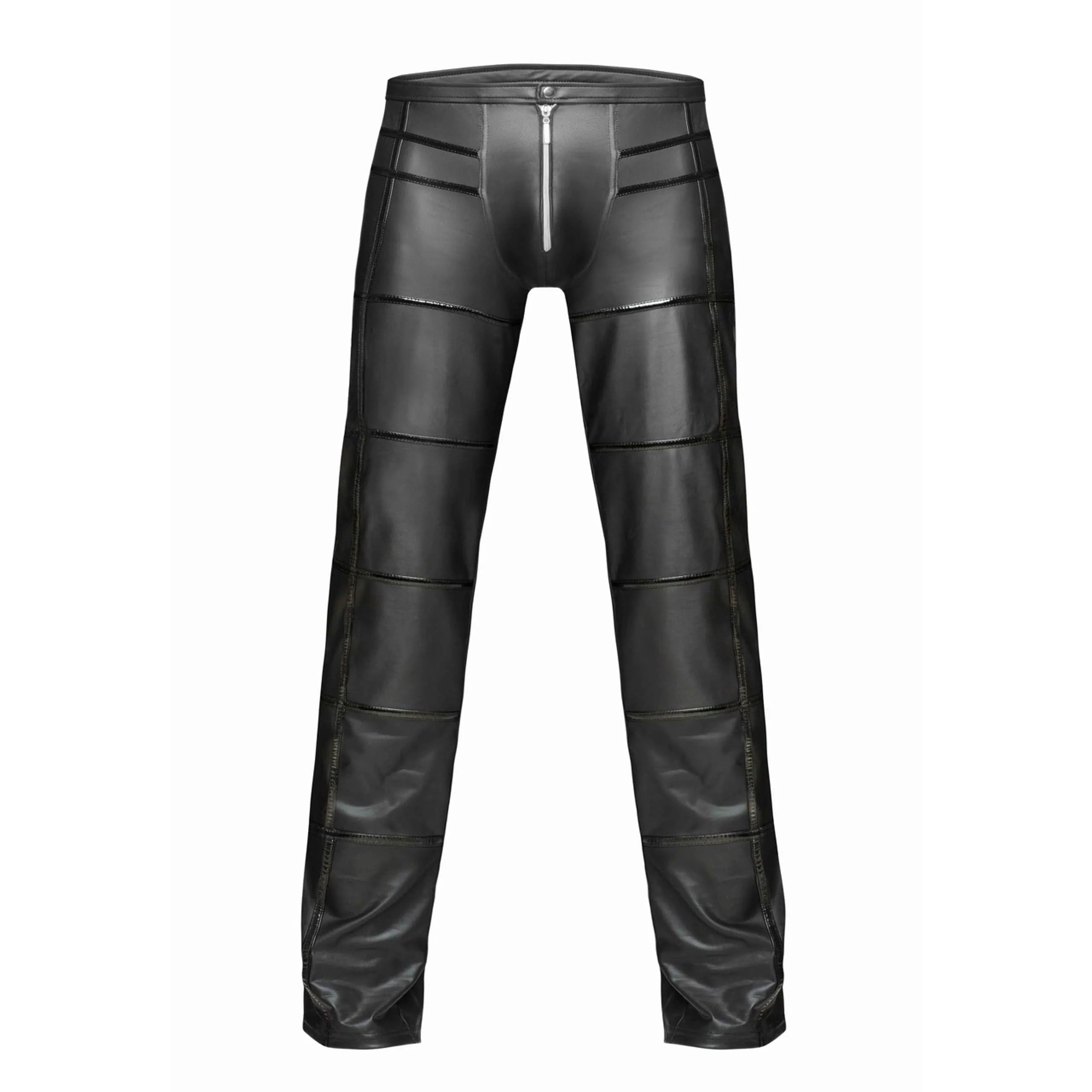 pantalon long homme effet mouillé élastique brillant applications PVC fermeture éclair avant tailles S M L XL noir cintré séduisant