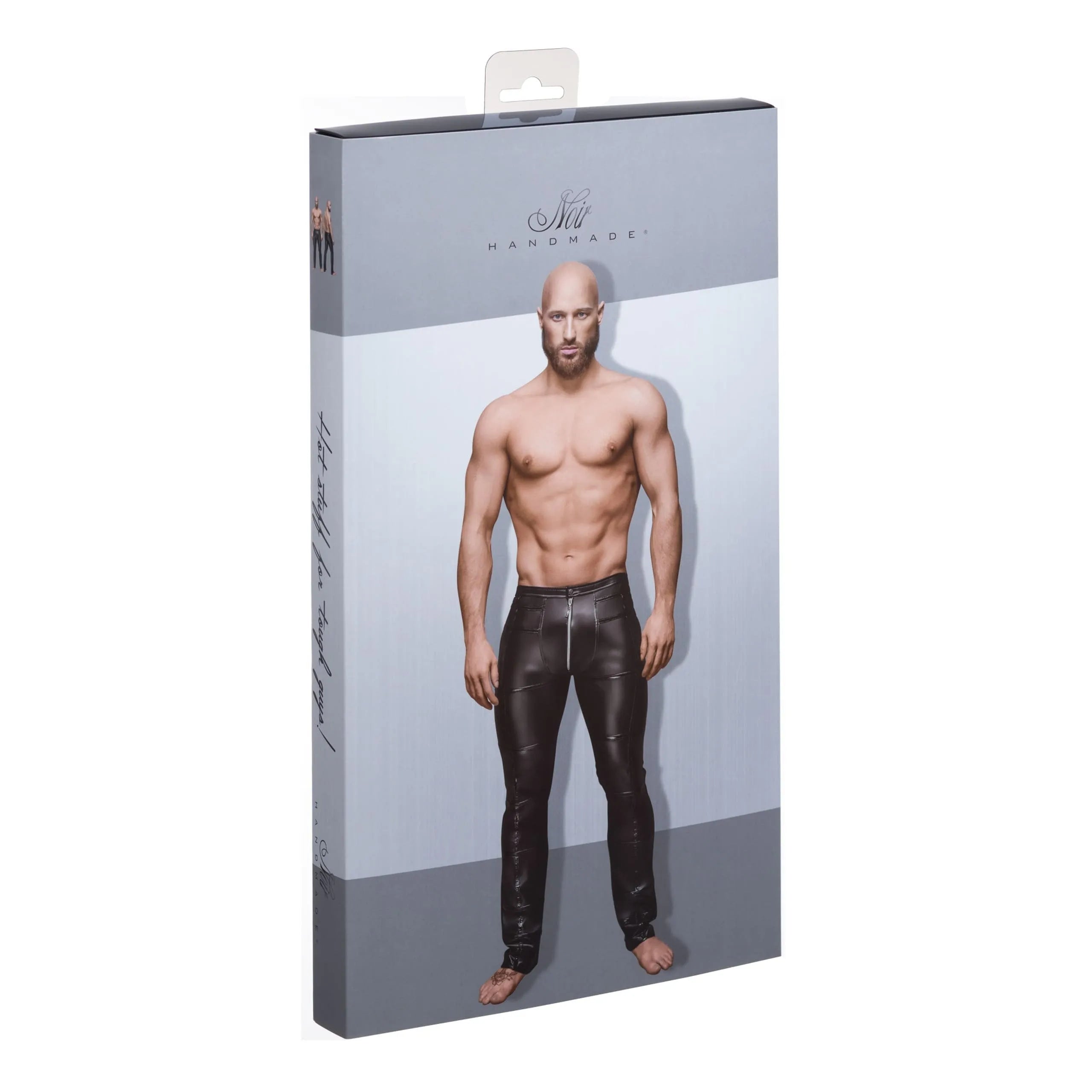 pantalon long homme effet mouillé élastique brillant applications PVC fermeture éclair avant tailles S M L XL noir cintré séduisant