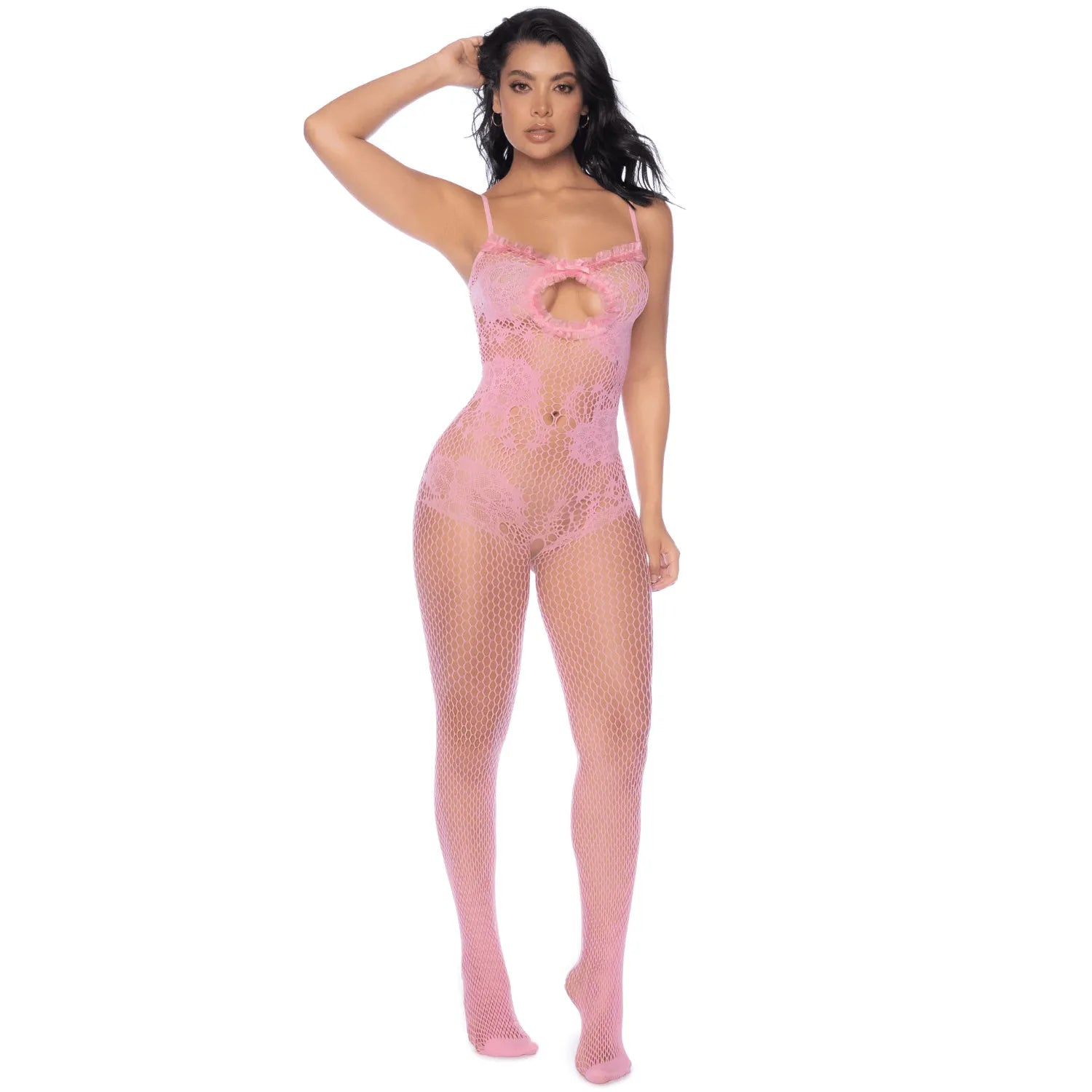 combinaison résille rose florale ouverte bretelles fines noeud volants satin entrejambe sensuelle élégante raffinée extensible douce confortable tailleunique