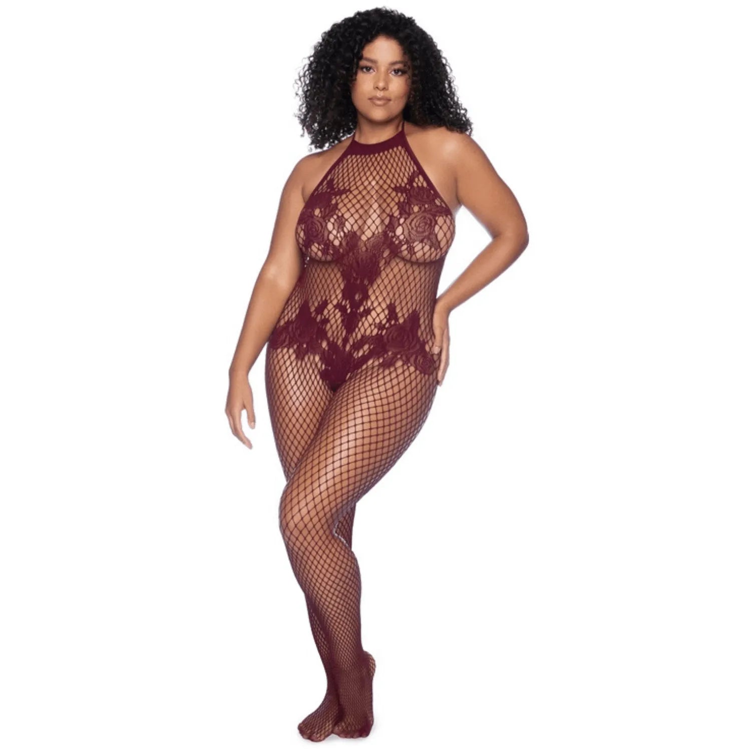 Combinaison résille cerise grande taille, motifs floraux, dos échancré, coupe entrejambe ouverte, ajustement sensuel.