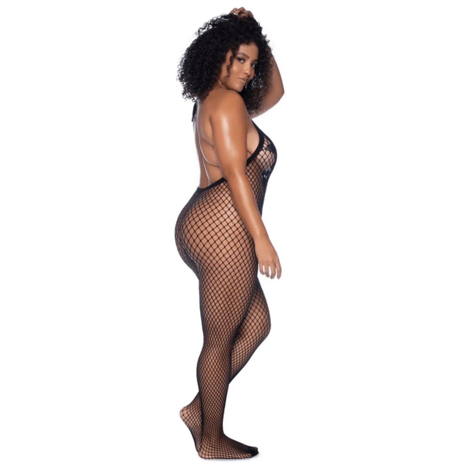Combinaison résille noire grande taille, motifs floraux, dos échancré, entrejambe ouvert, ajustée, séduisante et confortable.