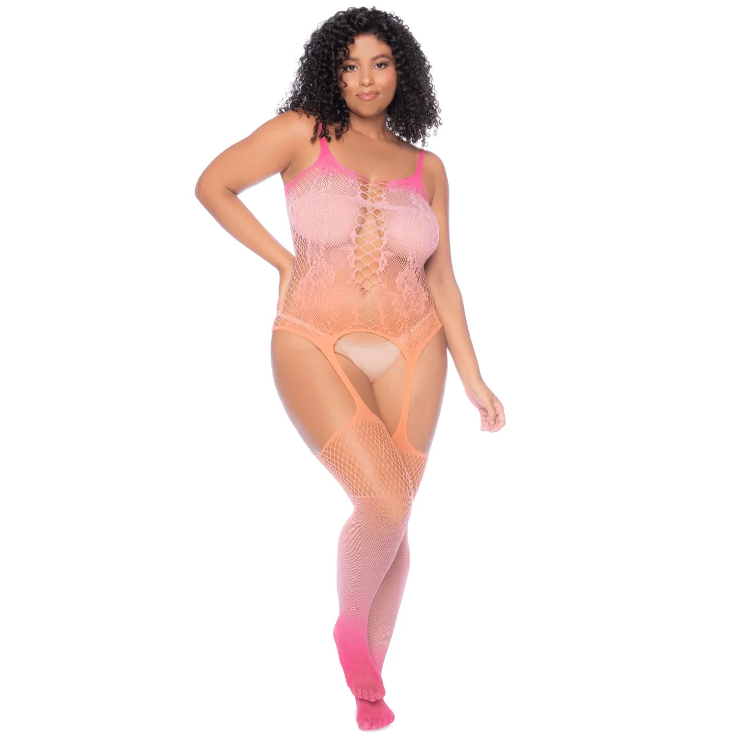 combinaison grande taille résille dégradée florale sexy bretelles fines extensible ouvertures porte jarretelles multicolore coucher soleil féminin romantique silhouette sublimée