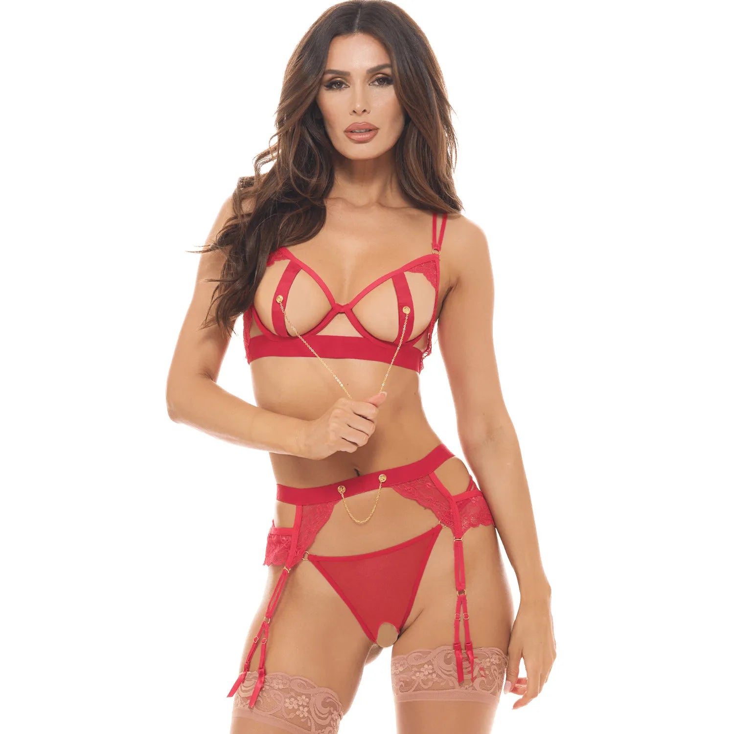 Ensemble lingerie rouge trois pièces soutien gorge ouvert porte jarretelles réglable string échancré sensuelle confortable maintien dentelle chaînes dorées amovibles