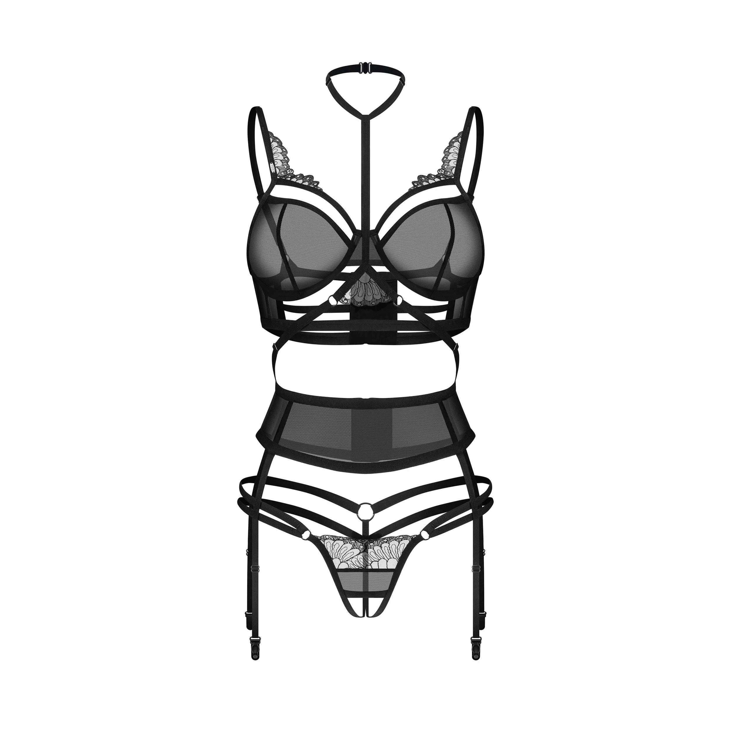Ensemble lingerie noir trois pièces dentelle avec jarretelles, soutien-gorge à armatures souples et string brodé.