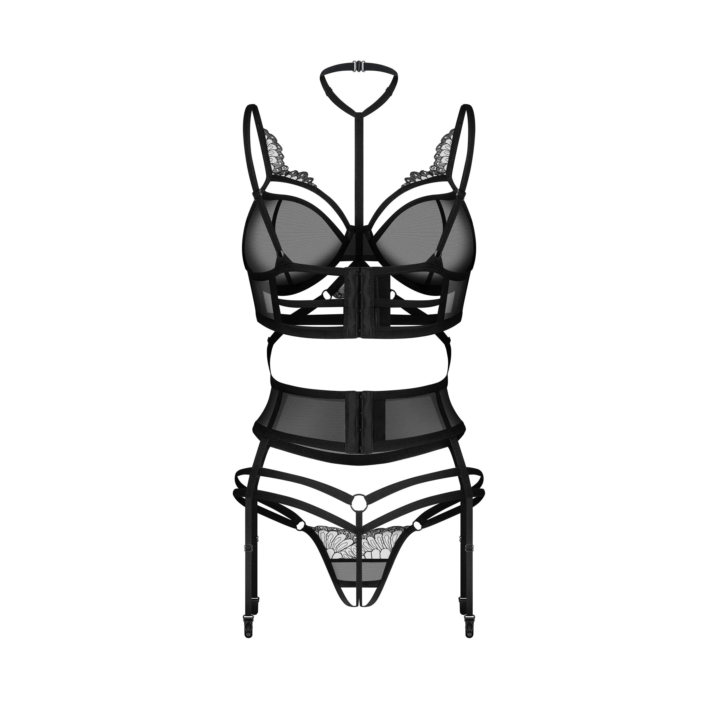 Ensemble lingerie noir trois pièces dentelle, soutien-gorge armatures souples, jarretelles, string broderie délicate.