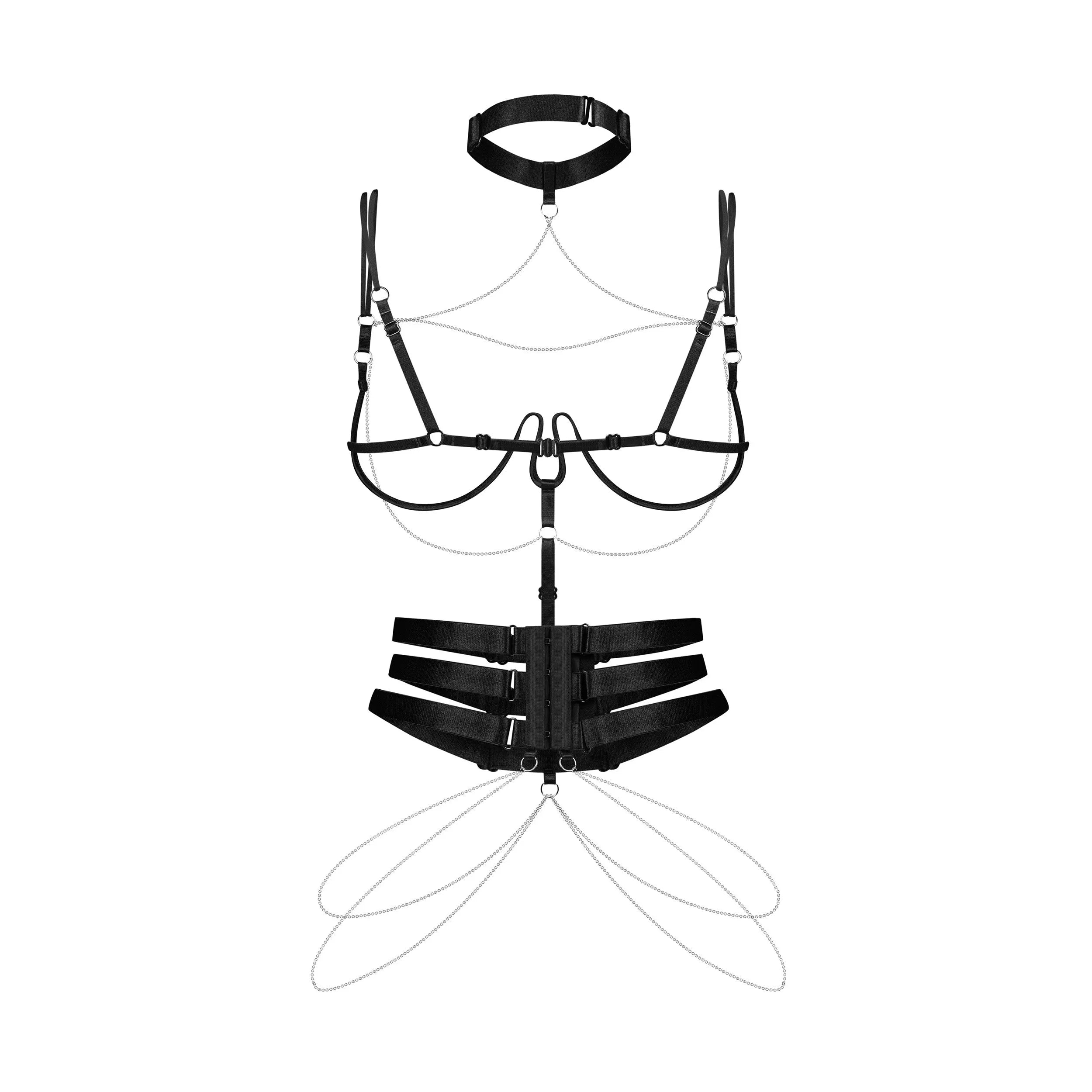 Harnais noir ajustable avec chaînes décoratives, design ouvert, dessous poitrine désossé, bretelles réglables, élégant.