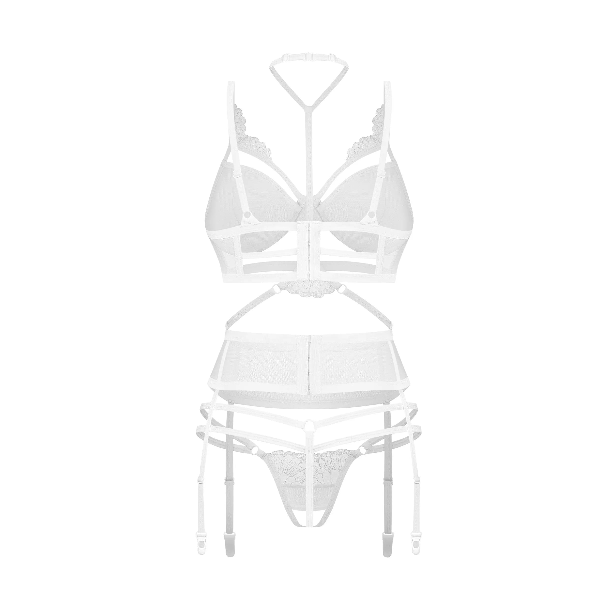 Ensemble lingerie blanche trois pièces avec broderies, baleines réglables, ceinture large et culotte ouverte, élégant et s...