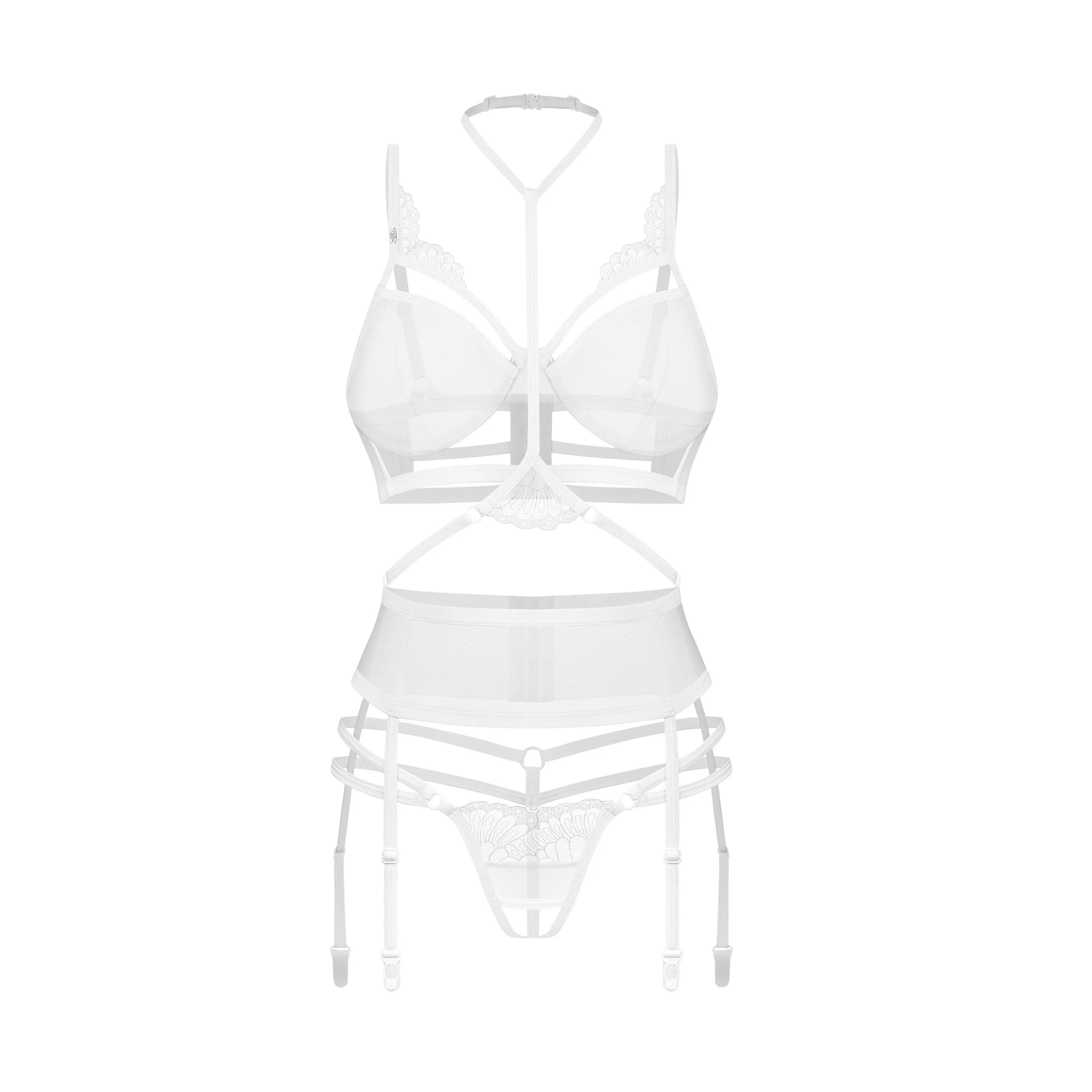 Ensemble lingerie blanche trois pièces ouvert, broderies, baleines réglables, armatures souples, culotte ouverte, doubles ...