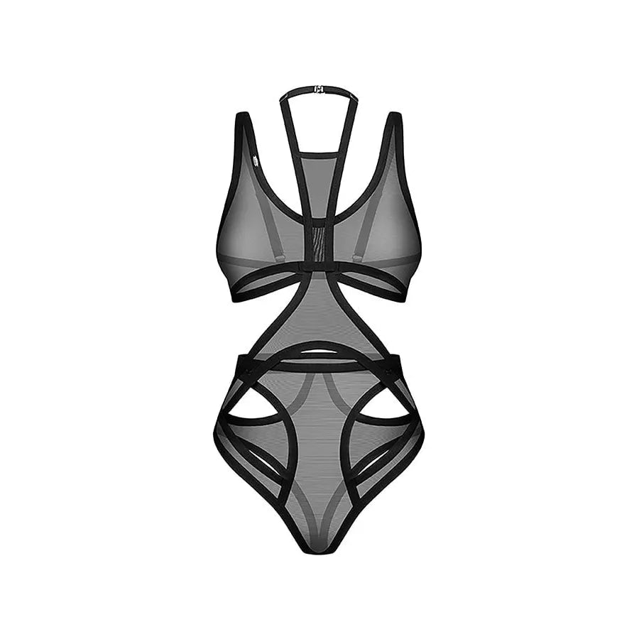 Mercuris body noir maille transparente découpes géométriques ajustable hypoallergénique sans nickel sangles réglables fermeture crochet pendentif ornemental élégant audacieux