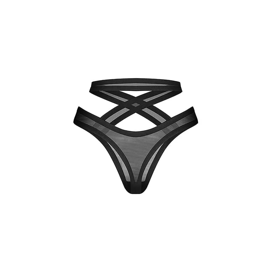 Mercuris string noir maille transparente taille croisée minimaliste sensuel sophistiqué confortable hypoallergénique sans nickel pendentif raffiné européen soignée