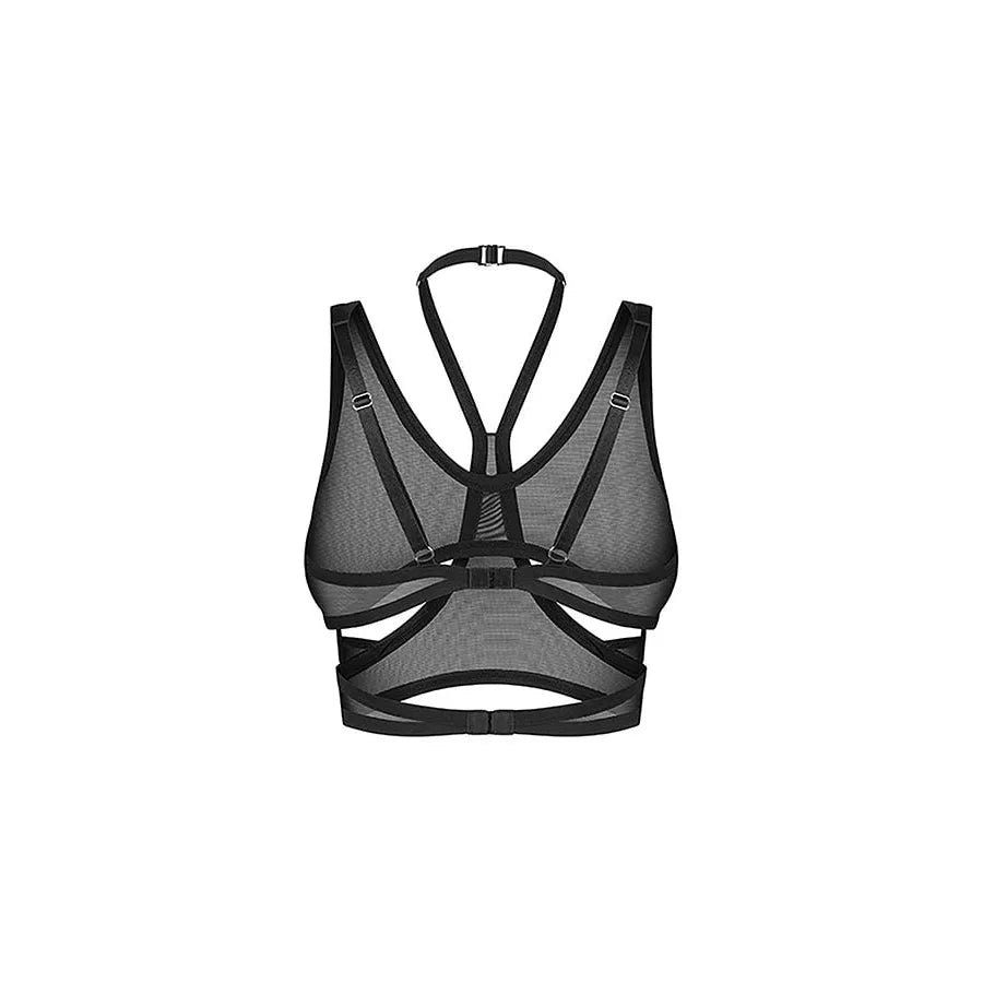 Mercuris top noir maille transparente découpes géométriques ajustable coupe ajustée tissu polyamide élasthanne fermeture arrière réglable sangles personnalisables