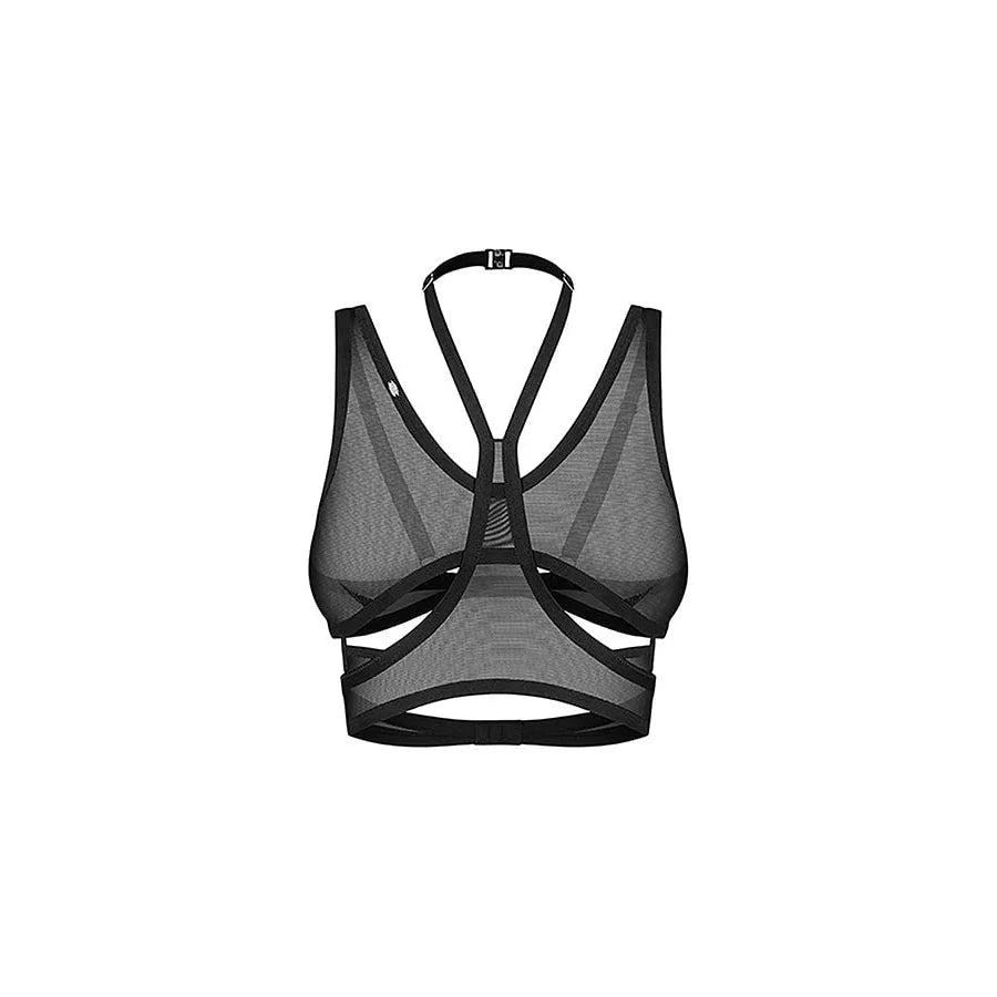 Mercuris top noir maille transparente découpes géométriques ajustable coupe ajustée tissu polyamide élasthanne fermeture arrière réglable sangles personnalisables
