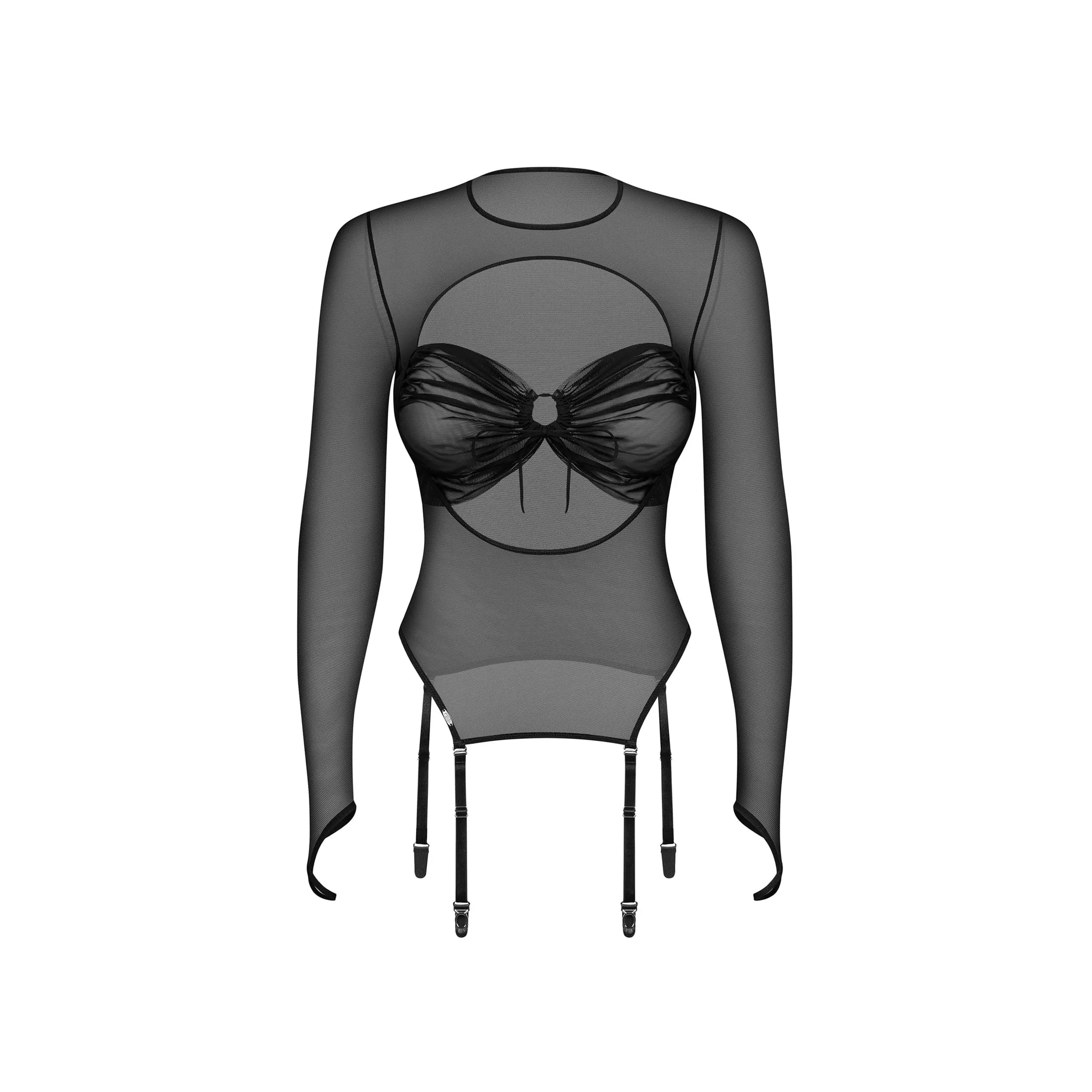 Blouse Aurorium manches longues noires tissu extensible effet seconde peau découpe ovale poitrine audacieuse jarretelles détachables pendentif hypoallergénique