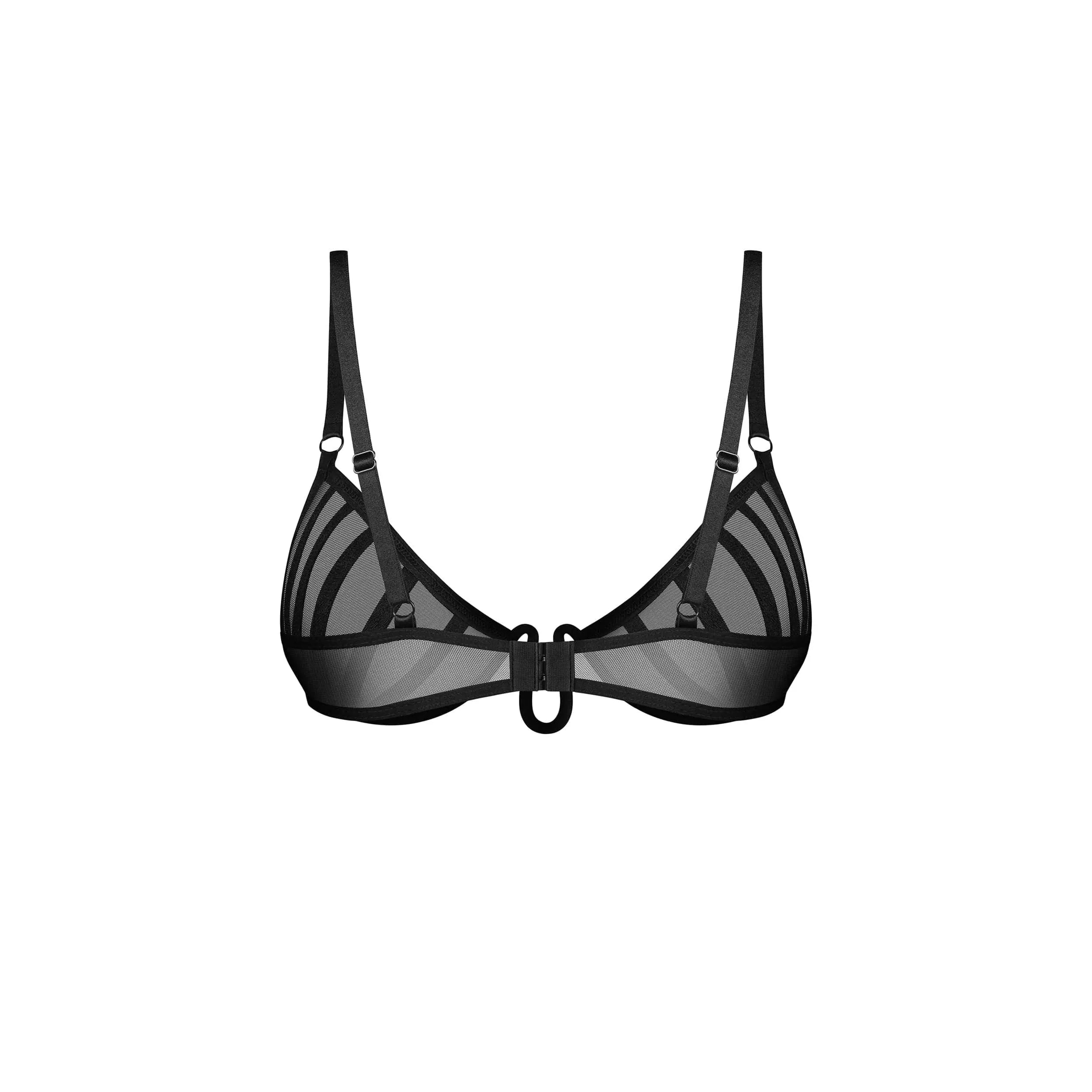 Demi-soutien-gorge noir Aurorium, design géométrique avant-gardiste, filet transparent, bretelles réglables.