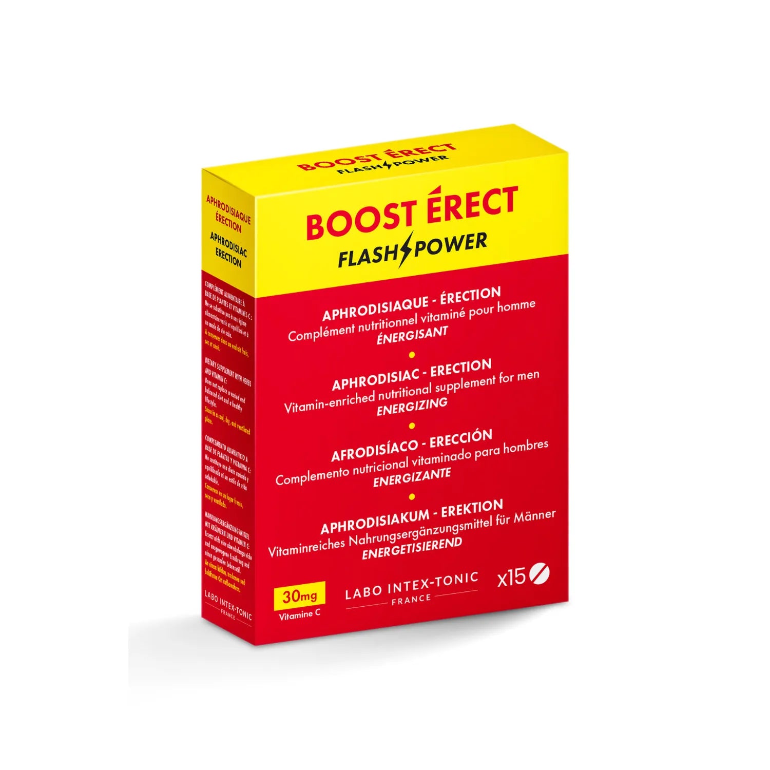 Boîte jaune et rouge de Boost Erect, complément aphrodisiaque pour homme, 15 comprimés, maca, ginseng, maté, fabriqué en F...