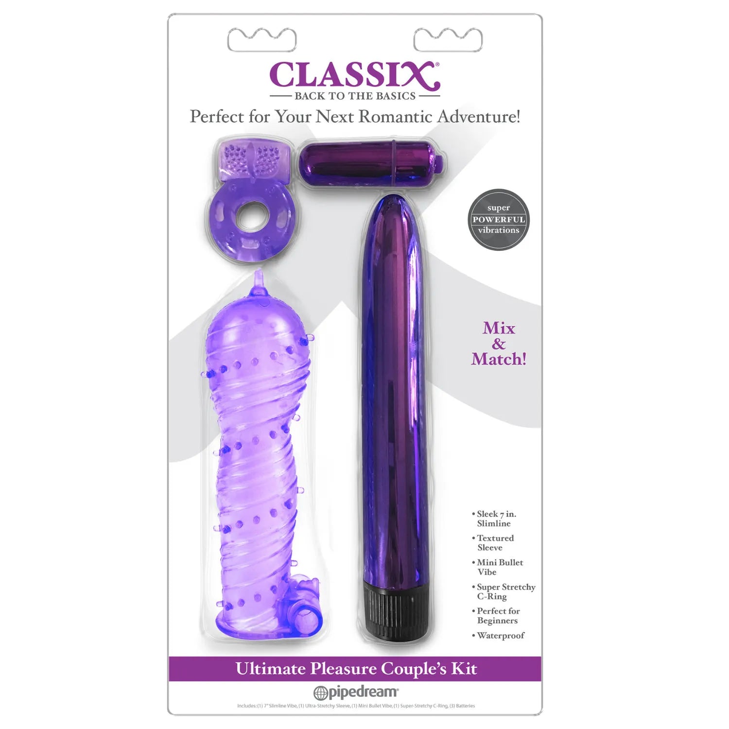 Coffret sextoys violet Classix 4 pièces, stimulation variée, vibro bullet, anneau pénien, matériaux ABS TPE.