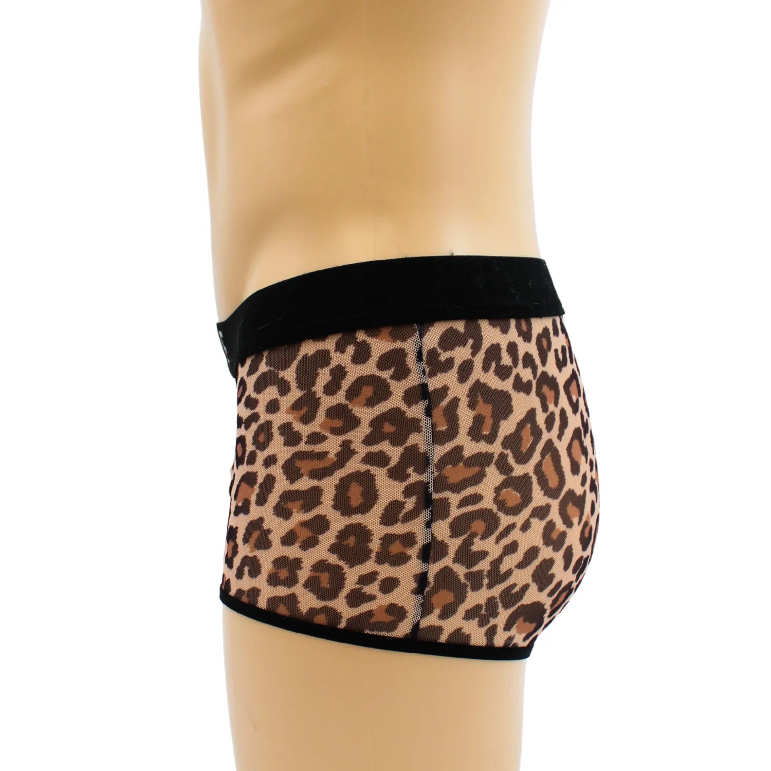 Boxer résille transparent léopard, ceinture élastique noire, style urbain et séduisant, silhouette sublimée.