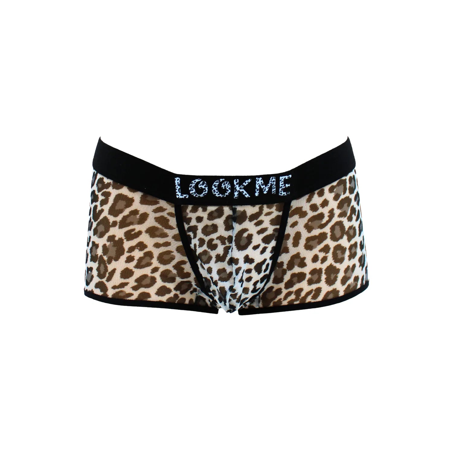 Boxer résille léopard gris transparent, ceinture noire élastique avec inscription, style urbain audacieux et confortable.