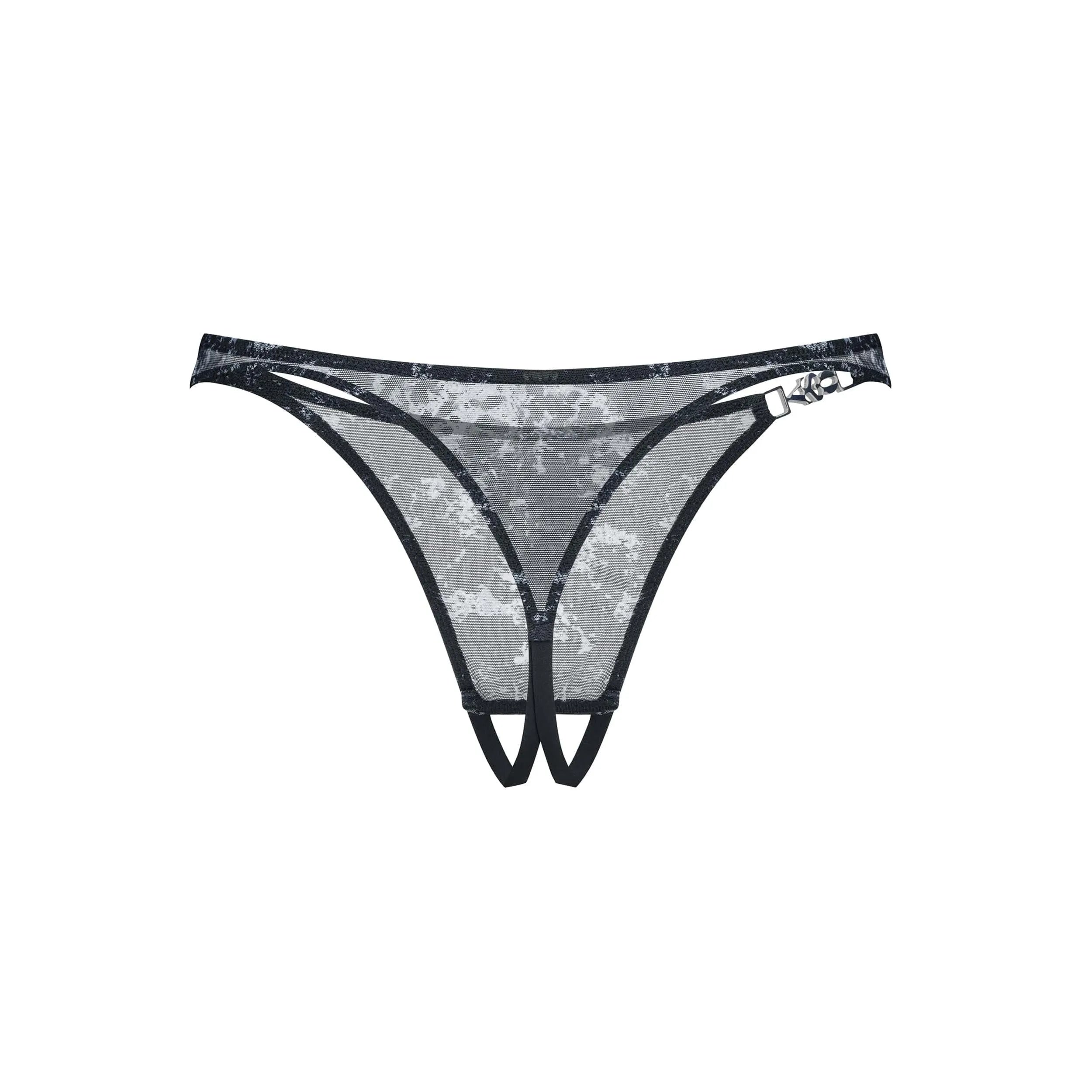 String ouvert argenté en maille transparente avec armatures, motif unique et design audacieux pour une silhouette sublimée.