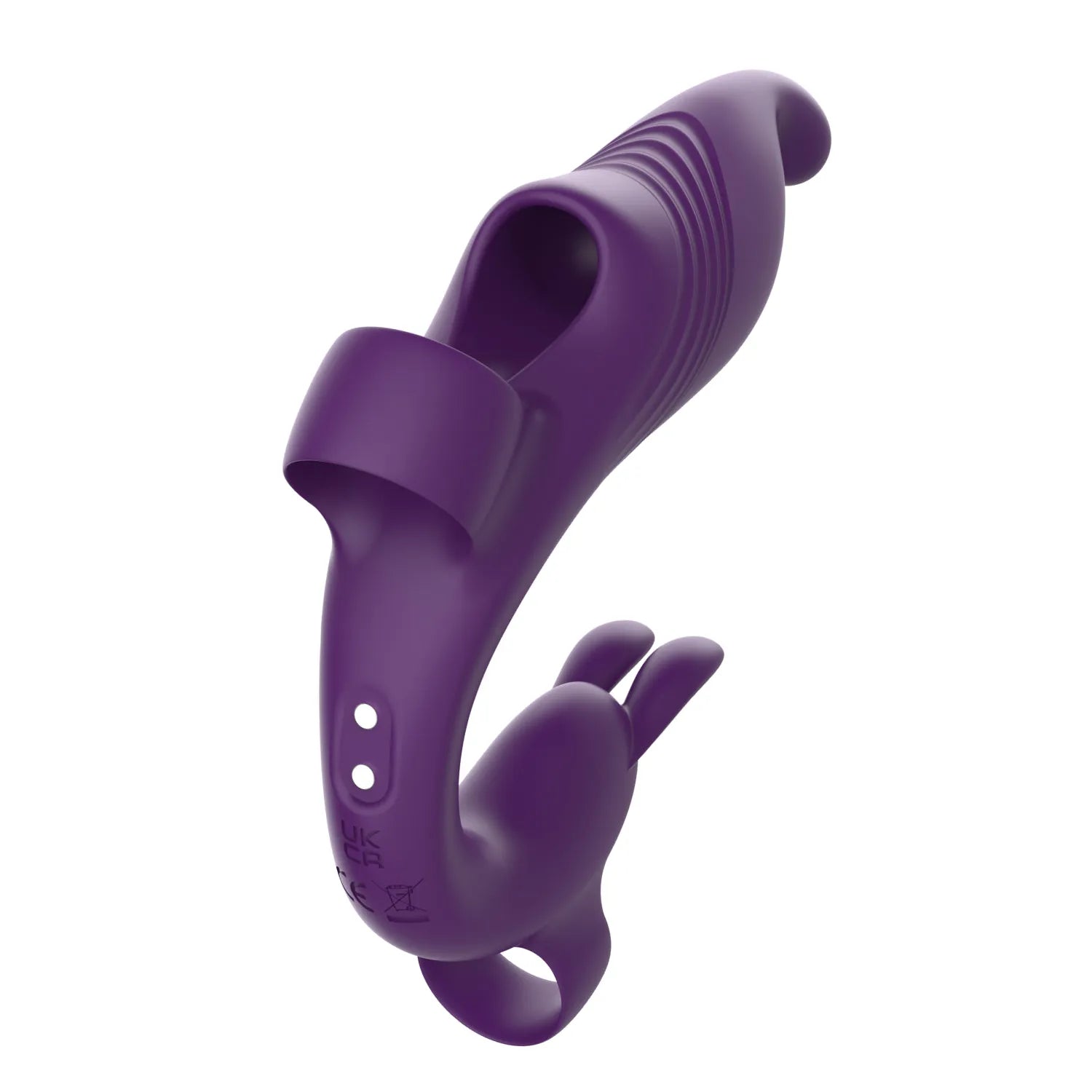 Doigt vibrant violet en silicone médical, double moteur, design ergonomique, 10 modes, résistant à l'eau.