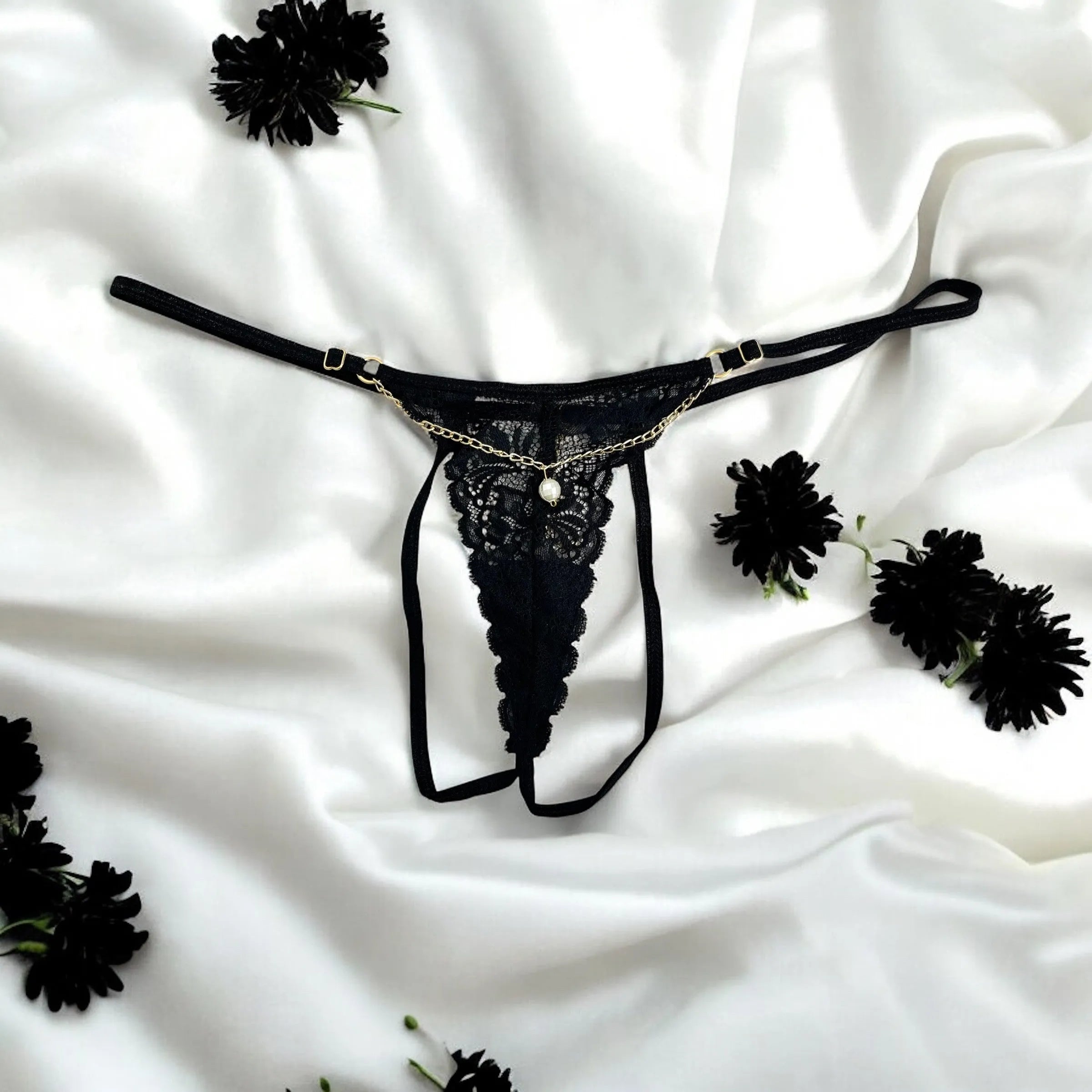 String noir dentelle florale chaîne dorée bijou sexy taille unique ajustable