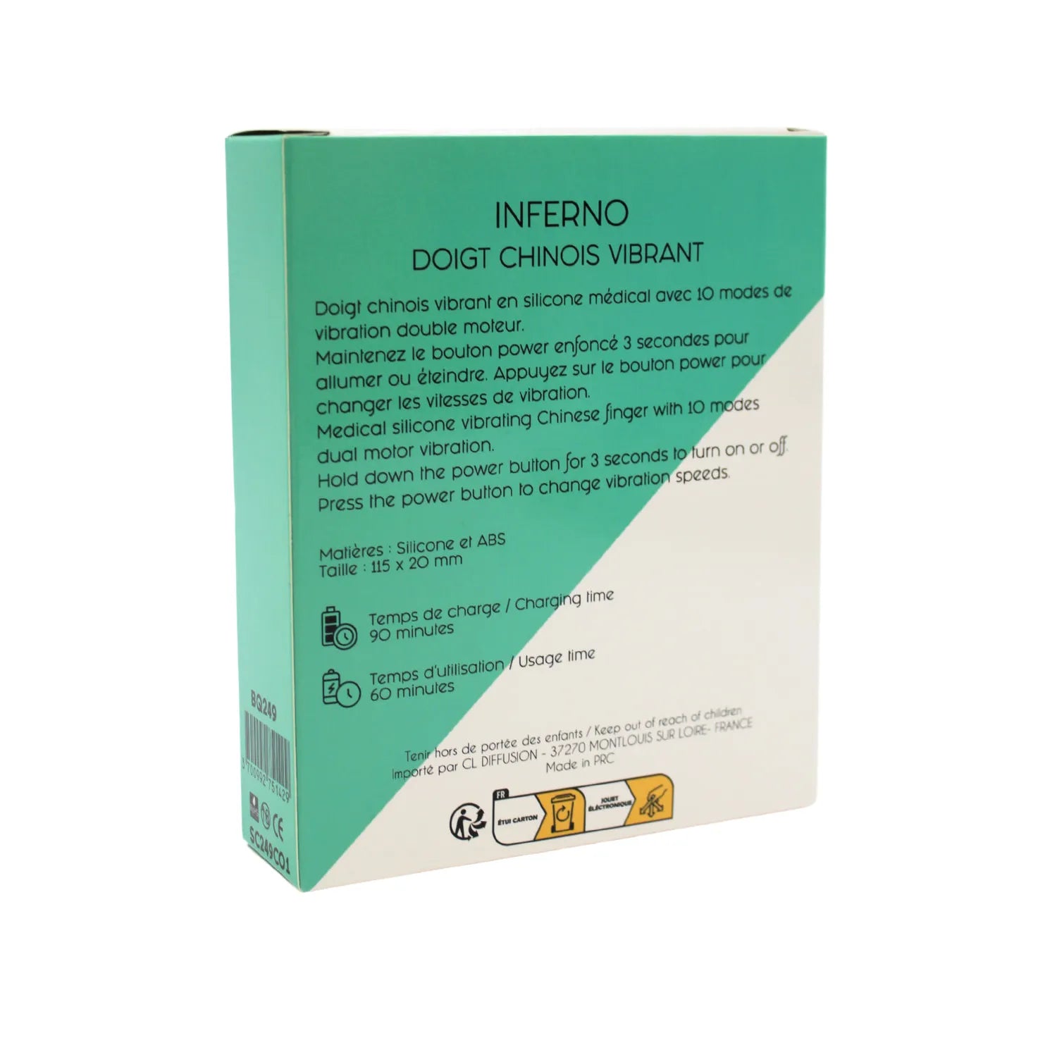 Boîte verte du Doigt Vibrant INFERNO en silicone médical, double moteur, 10 modes, résistant à l'eau, rechargeable.