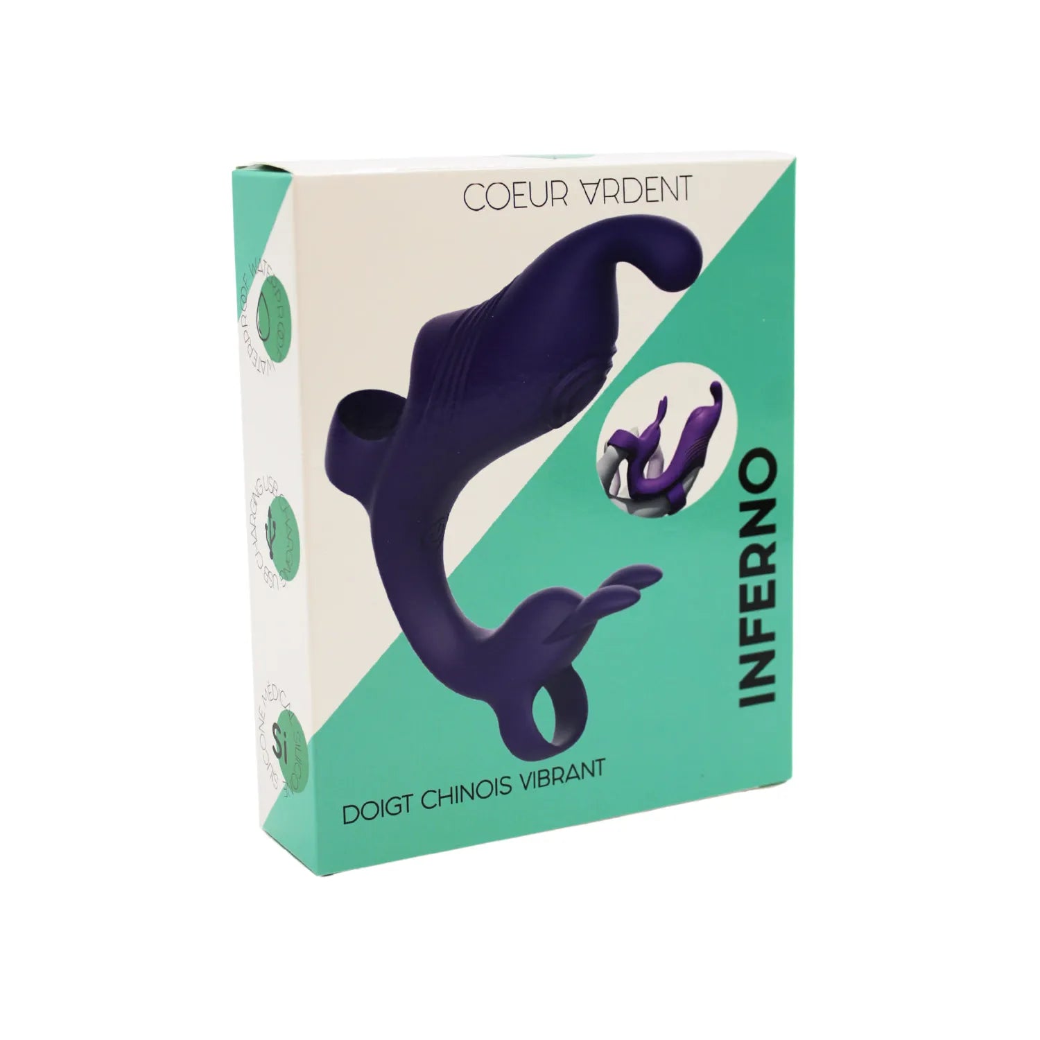 Doigt Vibrant INFERNO violet en silicone médical, double moteur, 10 modes, résistant à l'eau, design ergonomique.