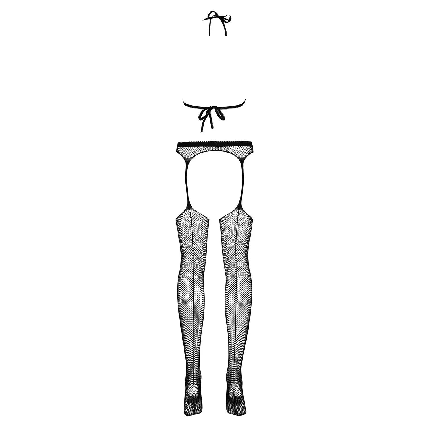 Bodystocking noir en maille fine avec porte-jarretelles intégré, bretelles élégantes, design séduisant et fesses nues.