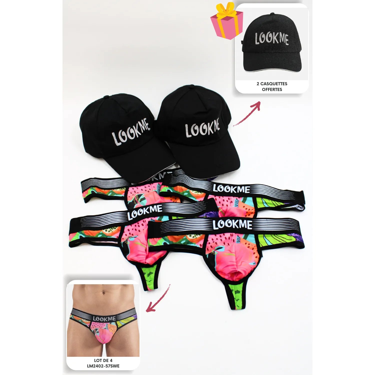 lot 4 strings homme polyester noir LookMe casquettes offertes confort élasticité douceur respirabilité durable ajustement polyvalent quotidien sport élégant moderne