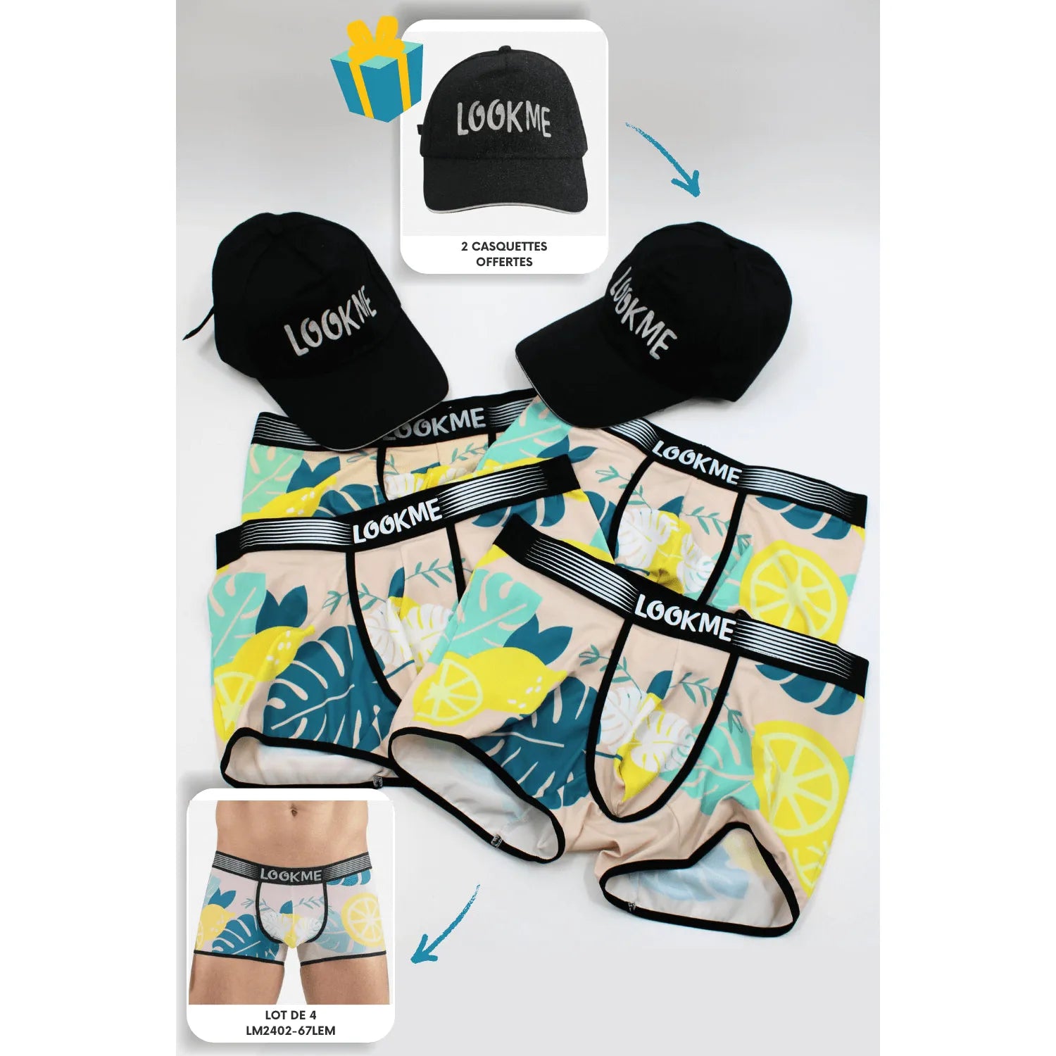 lot 4 boxers polyester élasthanne confort élasticité respirant durable lavable résistant ajustement taille S M L XL casquettes noires offertes