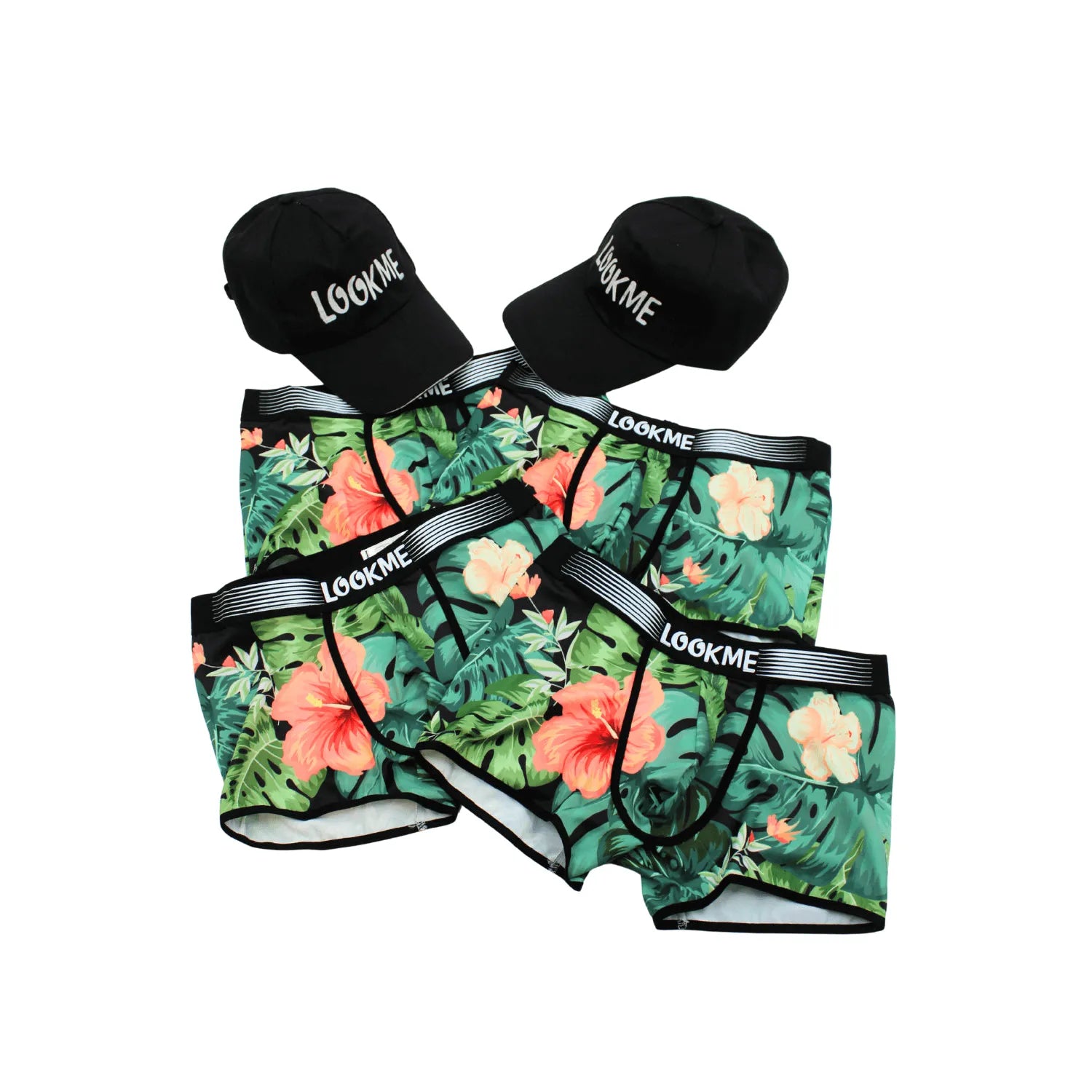 lot quatre boxers polyester élasthanne élastique confortable maintien respirant léger durable résistant casquettes noires offertes assortis moderne sportif quotidien