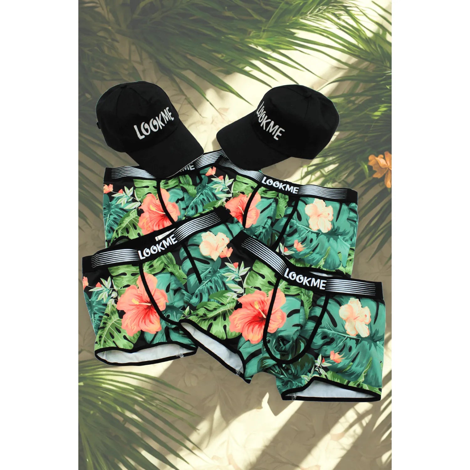 lot quatre boxers polyester élasthanne élastique confortable maintien respirant léger durable résistant casquettes noires offertes assortis moderne sportif quotidien