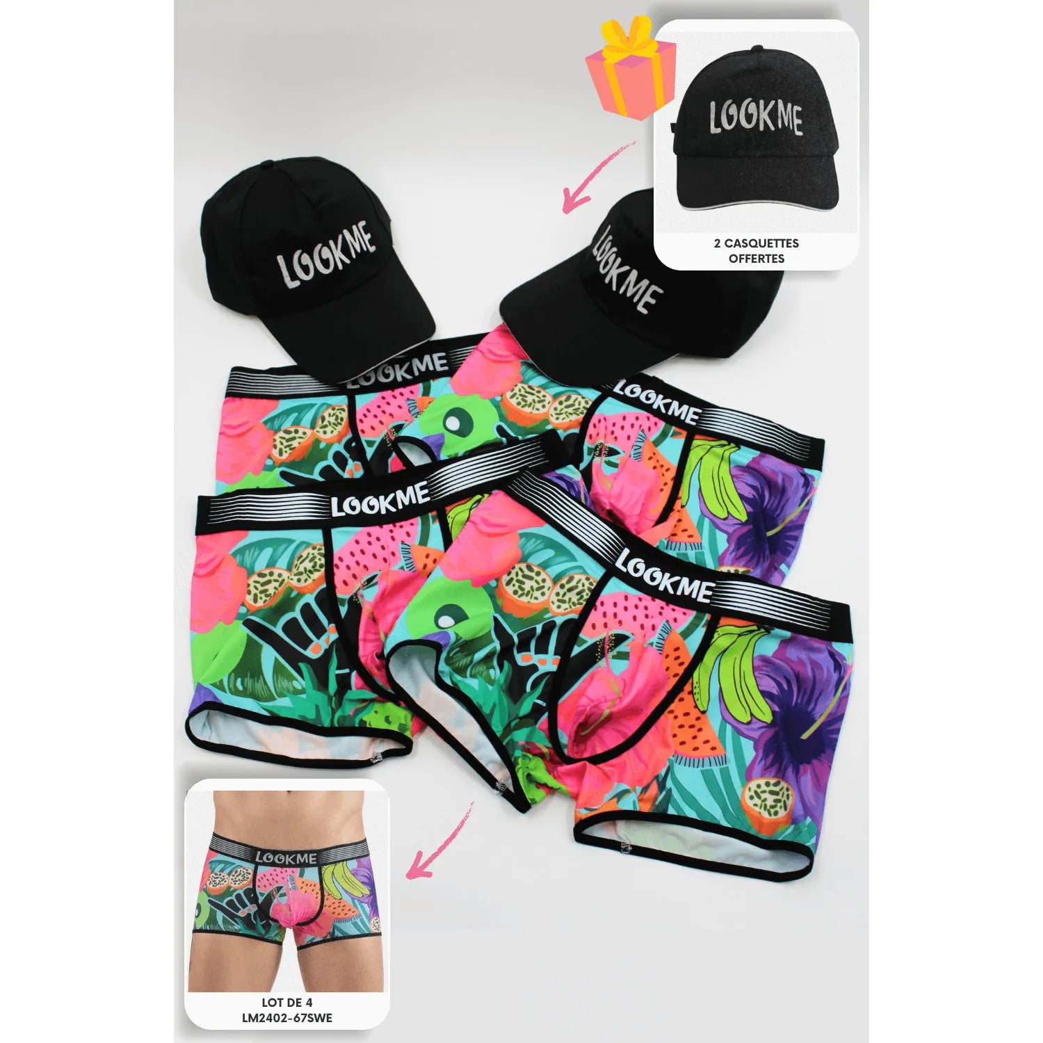 lot boxers polyester élasthanne homme extensibles confortables doux durables respirants casquettes noires offertes ajustables tailles variées S M L XL