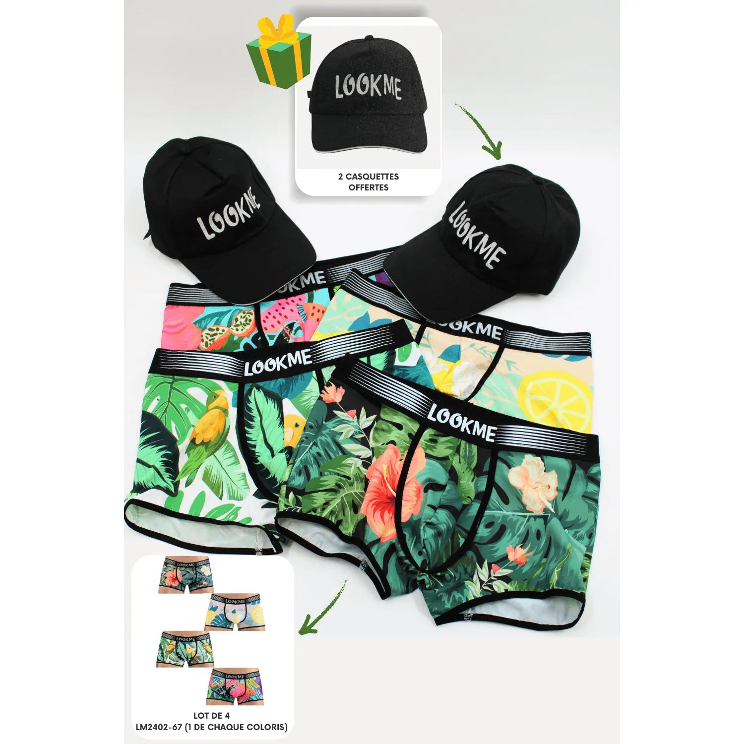 lot quatre boxers polyester élasthanne homme maintien extensible respirant douceur confort quotidien sport loisirs casquettes noires offertes tailles