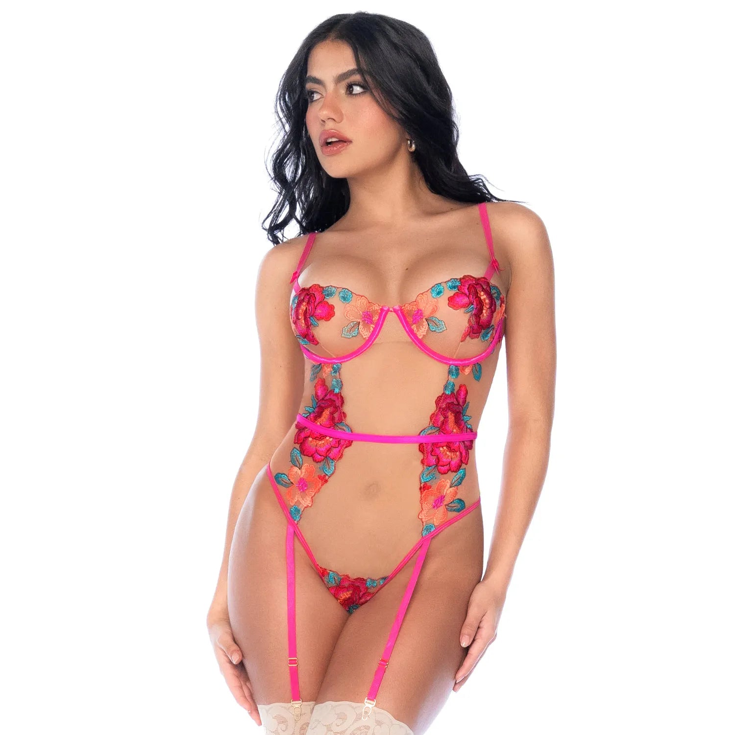 Body tulle transparent fleuri brodé motifs floraux armatures maintien bretelles ajustables jarretelles intégrées laçage dos élégant