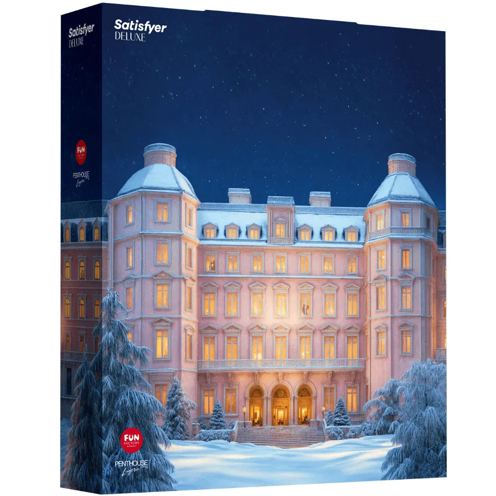 Calendrier Avent Coquin Satisfyer Deluxe 2025, boîte élégante, château enneigé, surprises érotiques pour couples et solo.