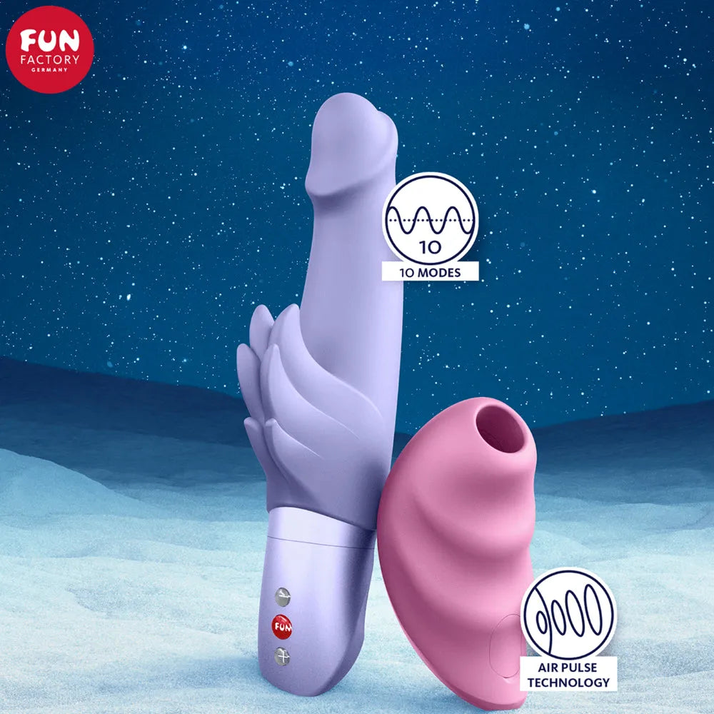 Vibromasseur violet et stimulateur rose Satisfyer sur fond étoilé, technologie Air Pulse et 10 modes, calendrier érotique.